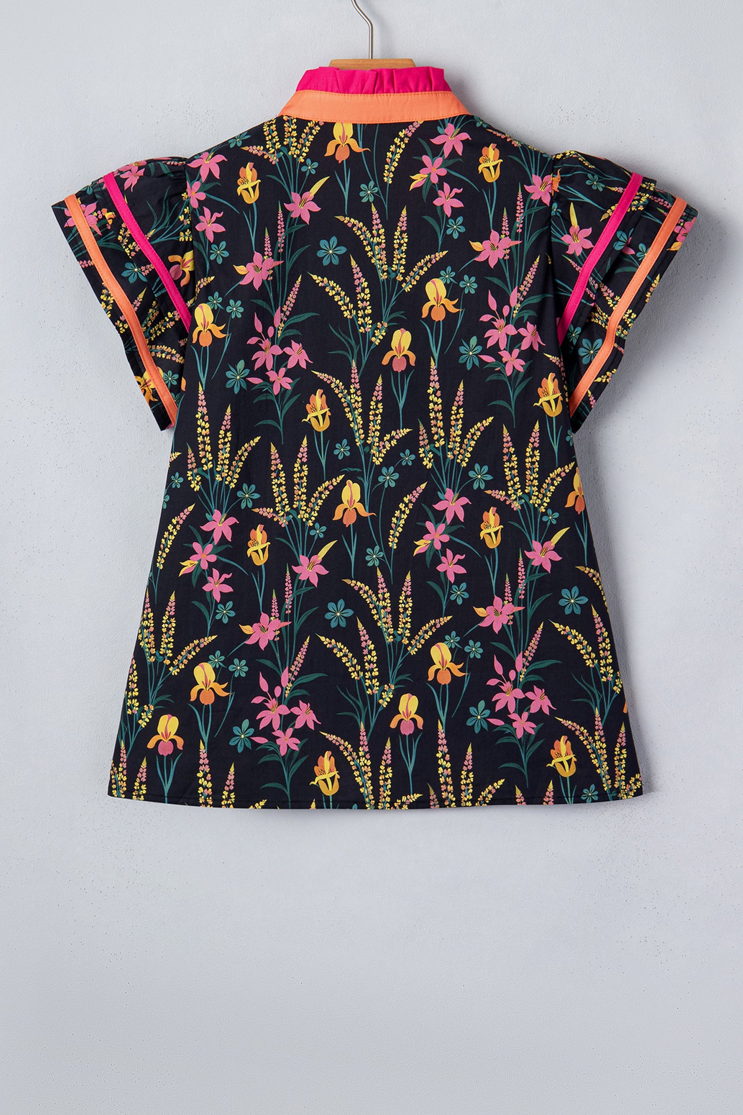 Black Floral Print Contrast Trim Tiered Ruffled Short Sleeve Blouse-Tops/Blouses & Shirts-[Adult]-[Female]-2022 Online Blue Zone Planet