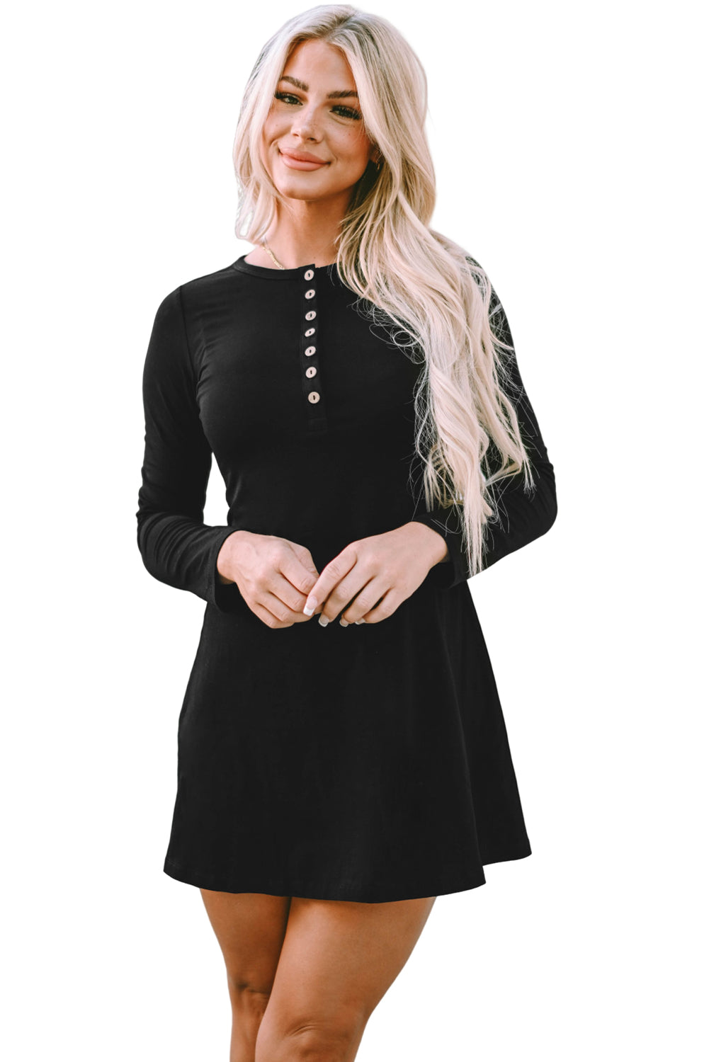 Blue Zone Planet | Black Solid Long Sleeve Henley Dress-TOPS / DRESSES-[Adult]-[Female]-2022 Online Blue Zone Planet