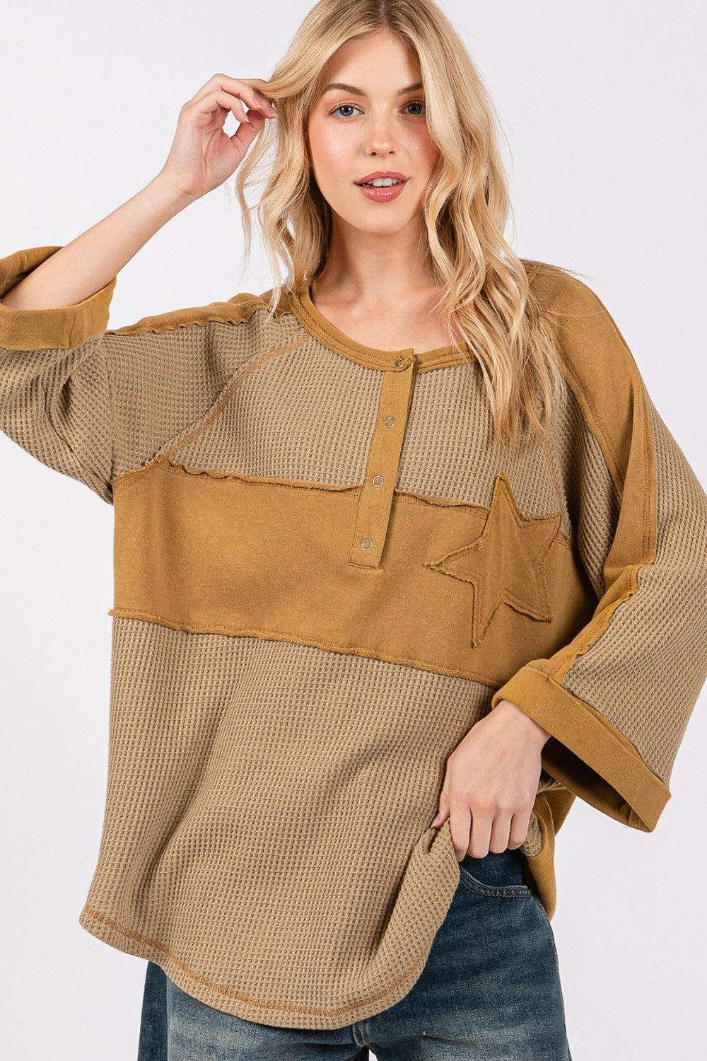 SAGE + FIG Star Applique Patch Exposed Seam Waffle Knit Top-TOPS / DRESSES-[Adult]-[Female]-2022 Online Blue Zone Planet