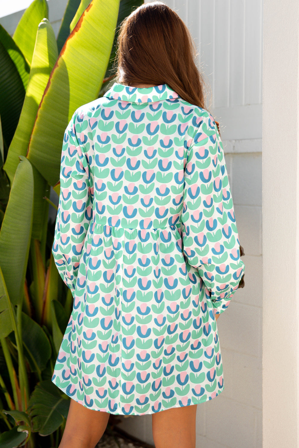 Green Floral Print Notched Neck Scalloped Detail Long Sleeve Mini Dress-TOPS / DRESSES-[Adult]-[Female]-2022 Online Blue Zone Planet