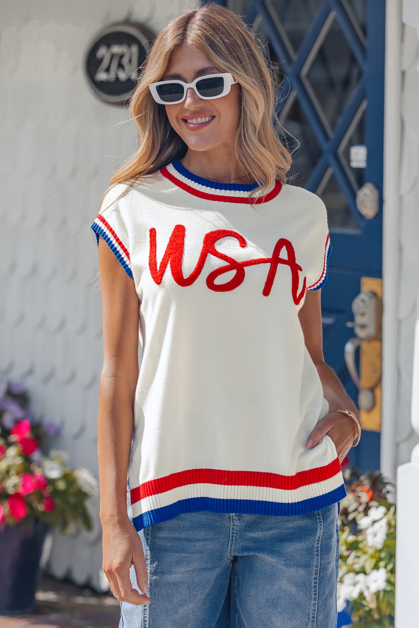 White USA Contrast Striped Trim Round Neck Short Sleeve Sweater