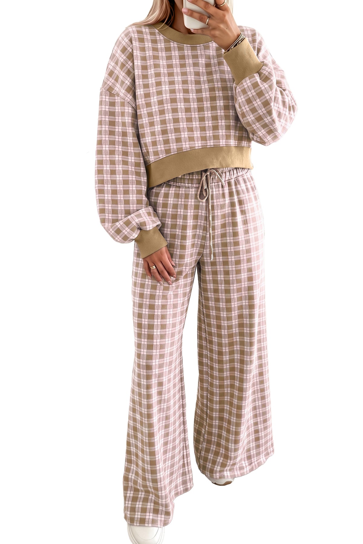 Pink Plaid Long Sleeve Drop Shoulder Top Ribbed Color Block Trim Two Piece Pant Set-Two Piece Sets/Pant Sets-[Adult]-[Female]-2022 Online Blue Zone Planet