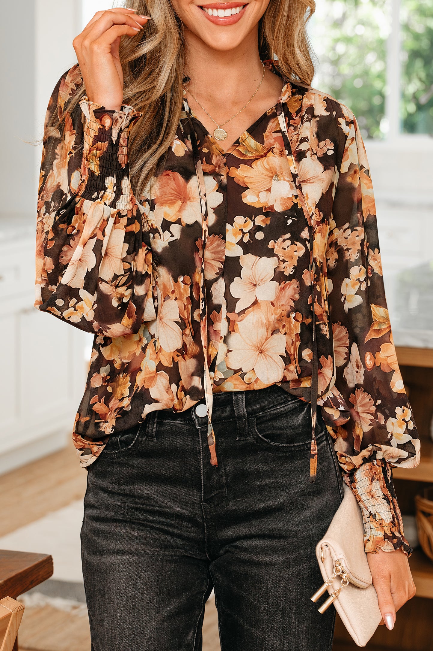 Black Floral V Neck Long Puff Sleeve Breezy Blouse-Tops/Blouses & Shirts-[Adult]-[Female]-2022 Online Blue Zone Planet