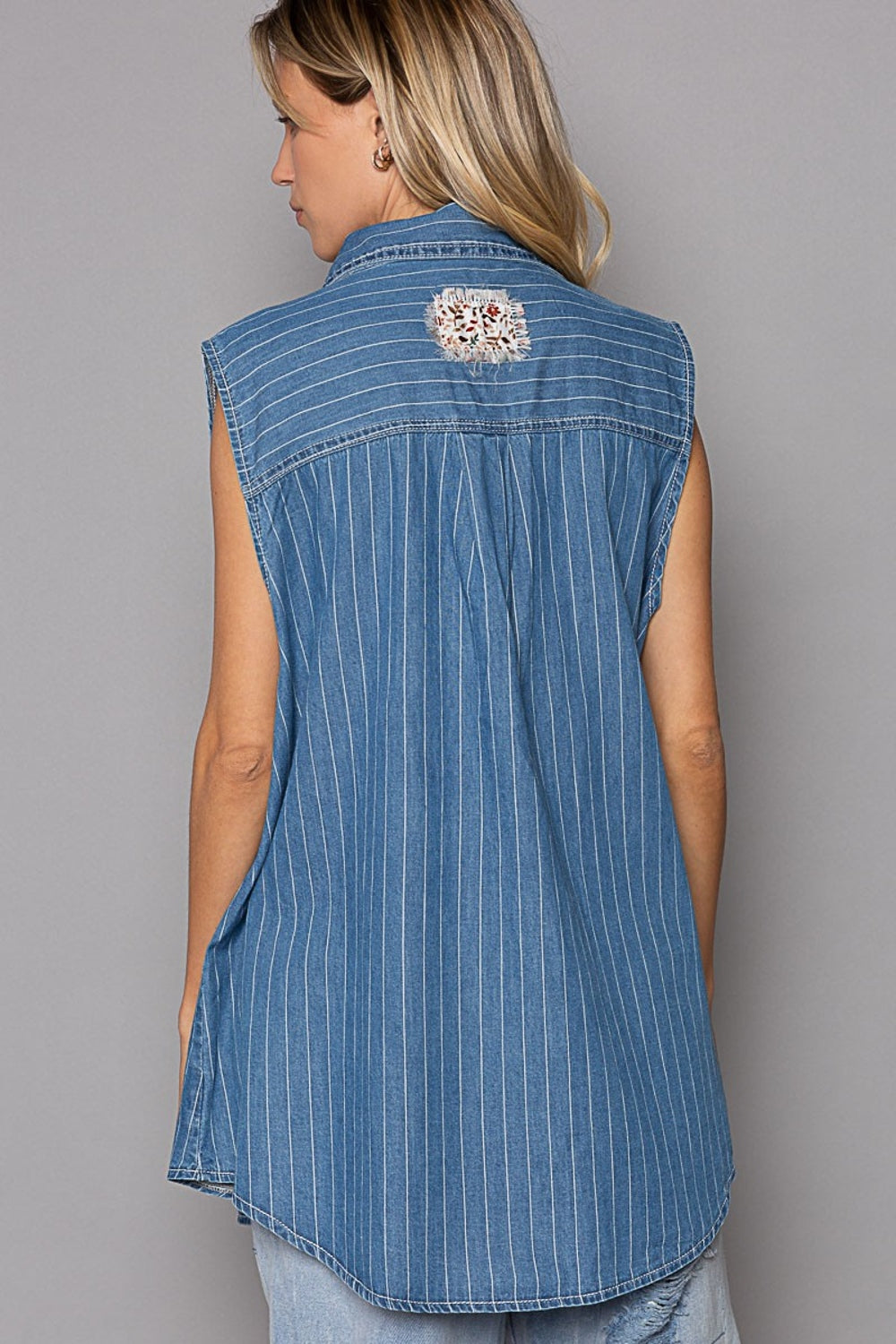 POL Button Down Sleeveless Striped Denim Shirt-TOPS / DRESSES-[Adult]-[Female]-2022 Online Blue Zone Planet