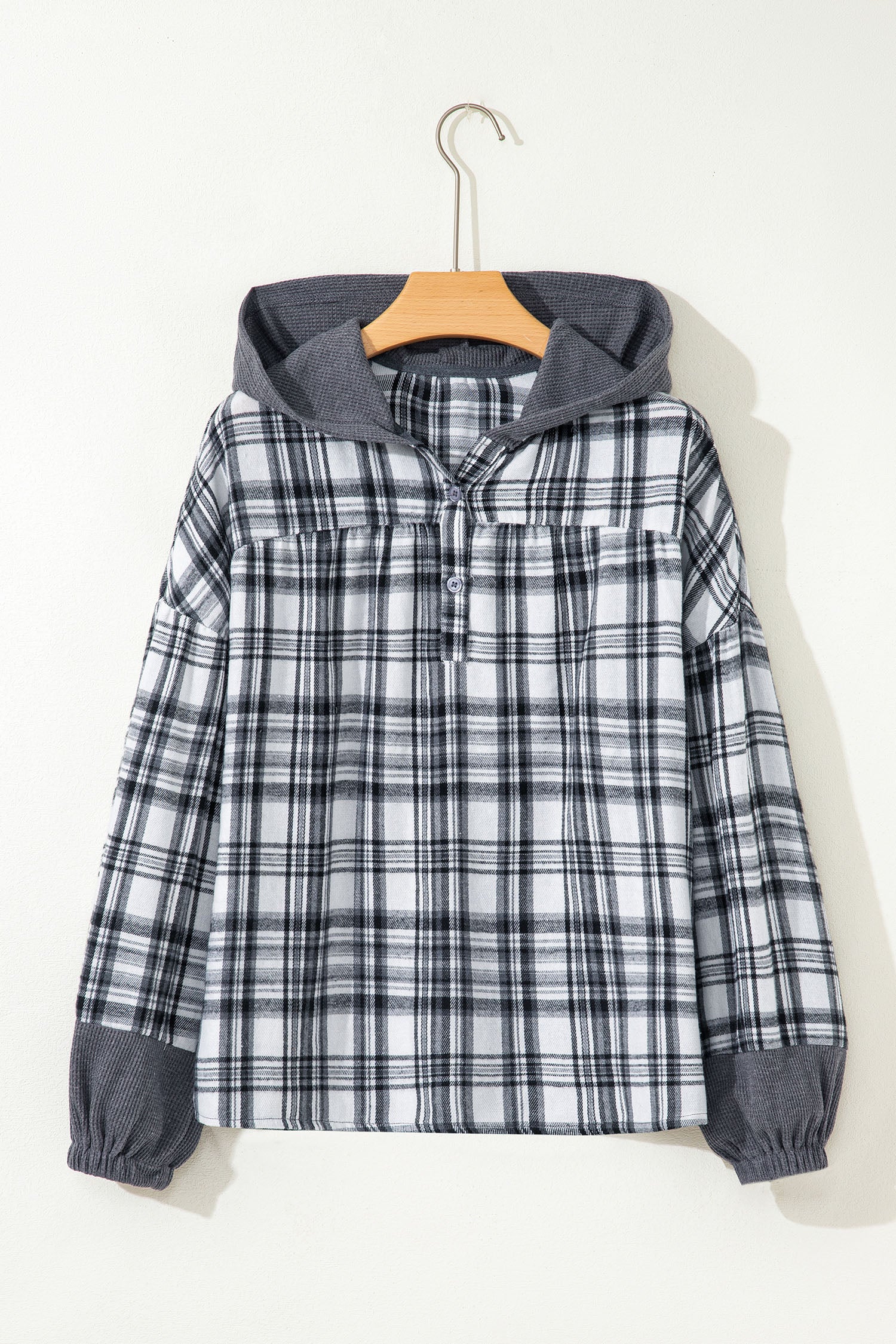 Gray Plaid Patchwork Long Sleeve Button Hooded Blouse-Tops / Dresses-[Adult]-[Female]-2022 Online Blue Zone Planet