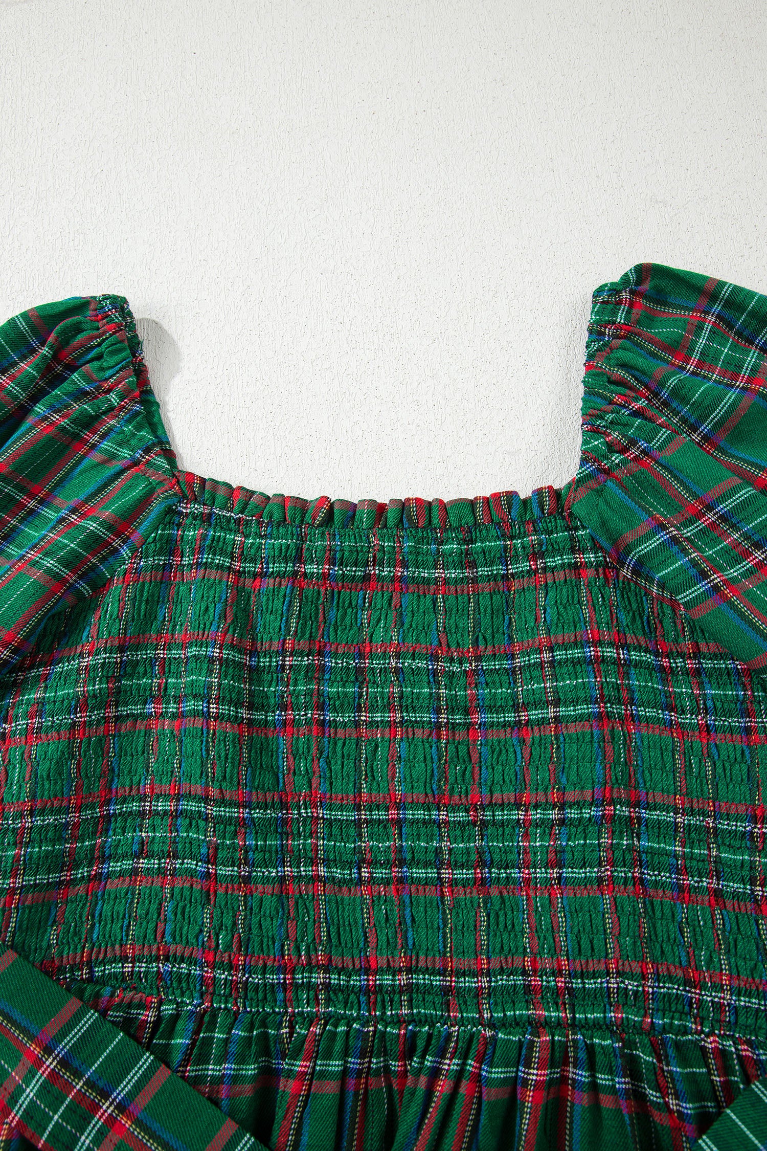 Green Tartan Plaid Square Neck Puff Sleeve Knot Waist Flared Midi Dress-TOPS / DRESSES-[Adult]-[Female]-2022 Online Blue Zone Planet