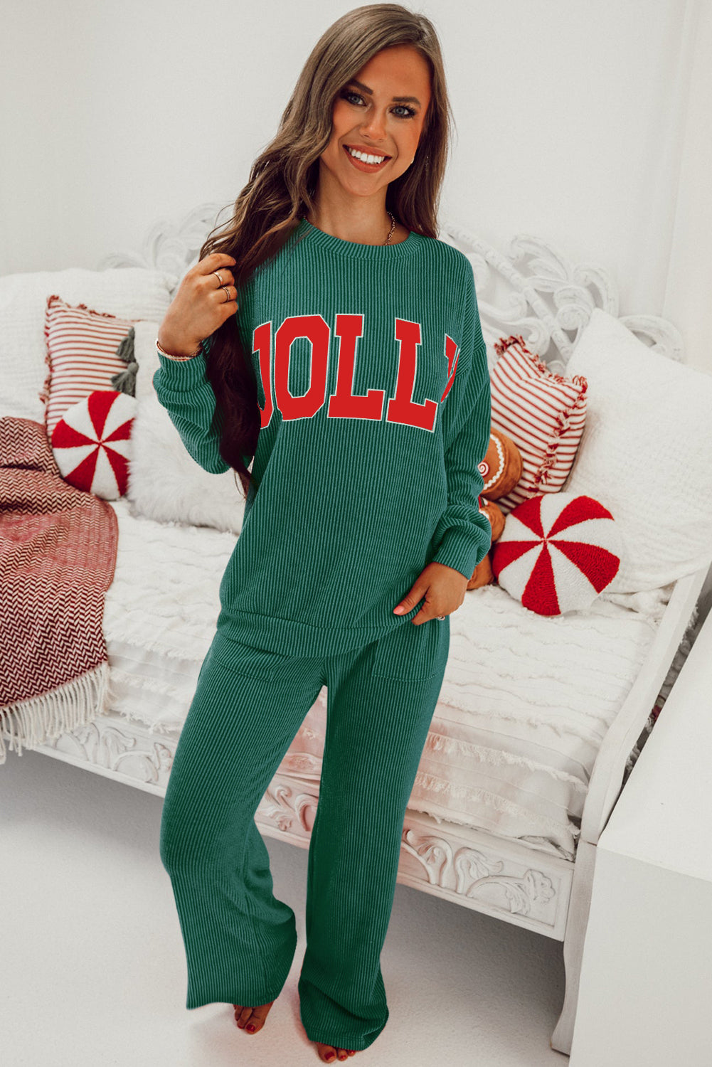 Fiery Red Crinkle Rib JOLLY Pattern Long Sleeve Top and Pockets Pants Set-Two Piece Pants Sets-[Adult]-[Female]-2022 Online Blue Zone Planet