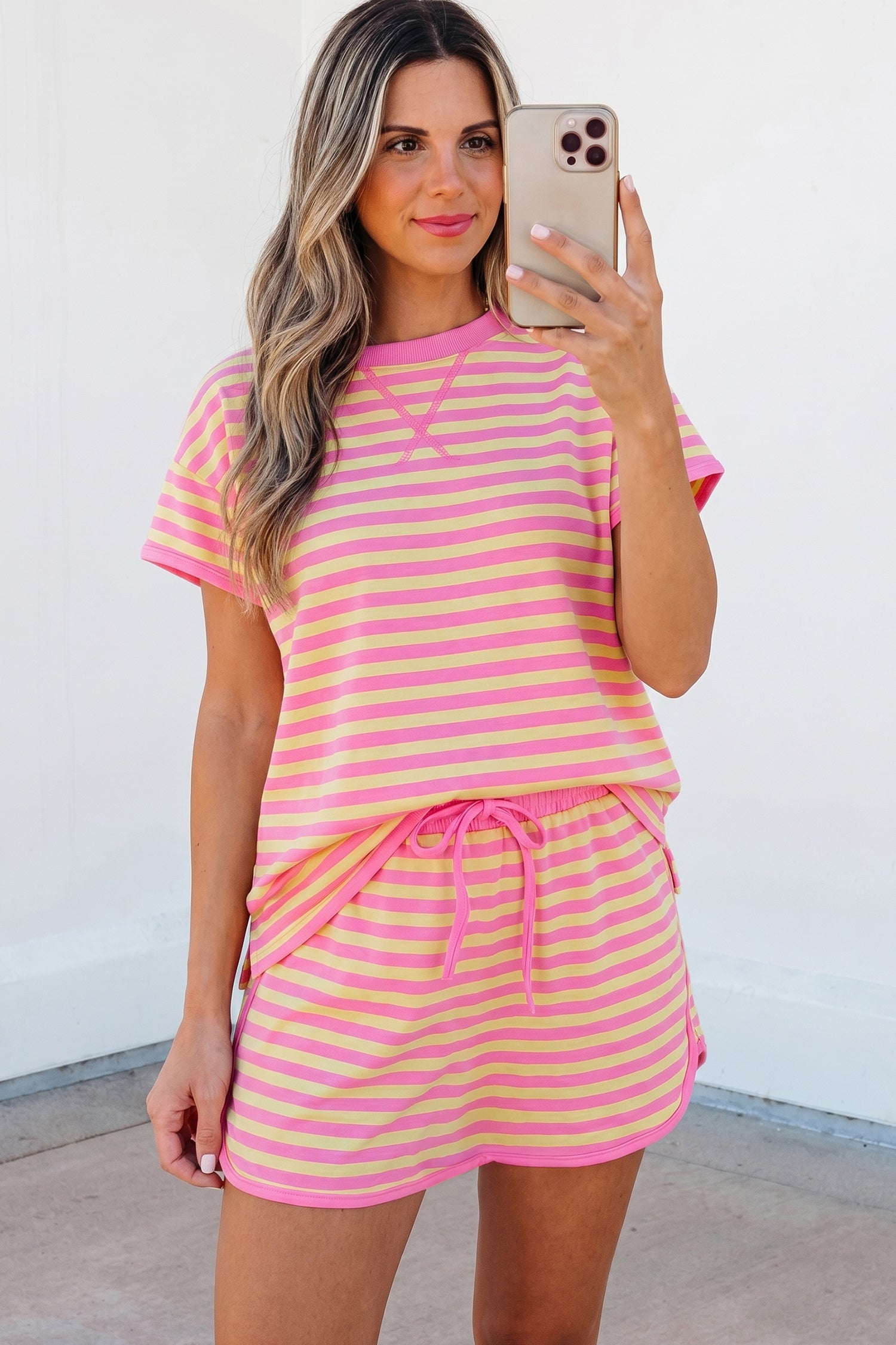 Pink Stripe Loose Short Sleeve Top and Skirt Set-Two Piece Sets/Two Piece Dresses-[Adult]-[Female]-2022 Online Blue Zone Planet