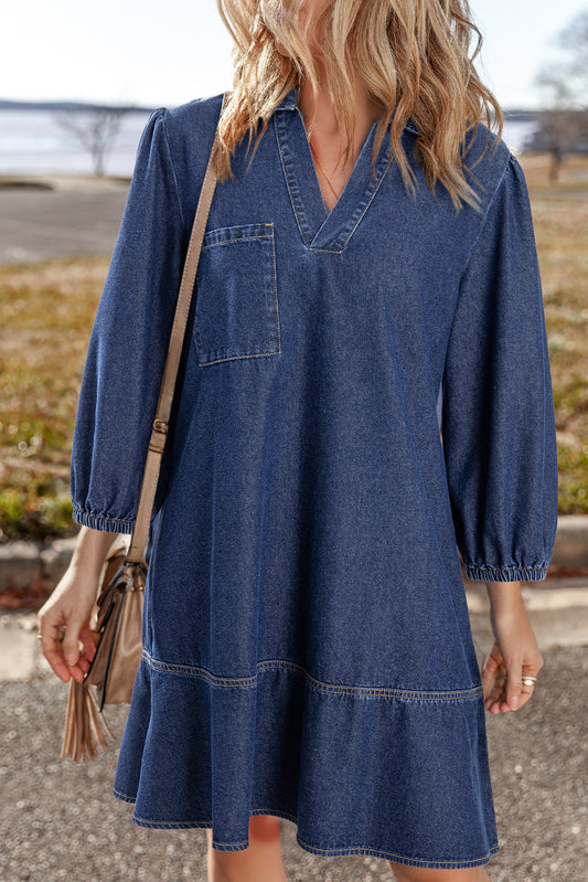 Sail Blue V Neck Collared Single Chest Pocket Long Sleeve Denim Dress-Dresses/Mini Dresses-[Adult]-[Female]-Sail Blue-S-2022 Online Blue Zone Planet