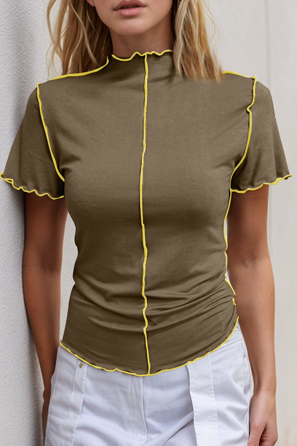 Basic Bae Contrast Trim Mock Neck Short Sleeve T-Shirt-TOPS / DRESSES-[Adult]-[Female]-Taupe-S-2022 Online Blue Zone Planet