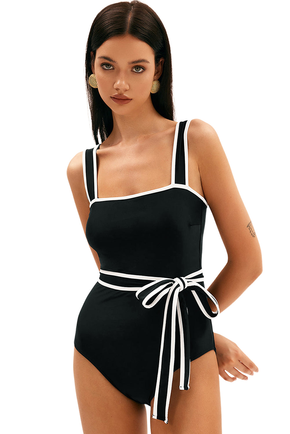 Black Colorblock Edge Belted One Piece Swimsuit-One-Piece-[Adult]-[Female]-2022 Online Blue Zone Planet