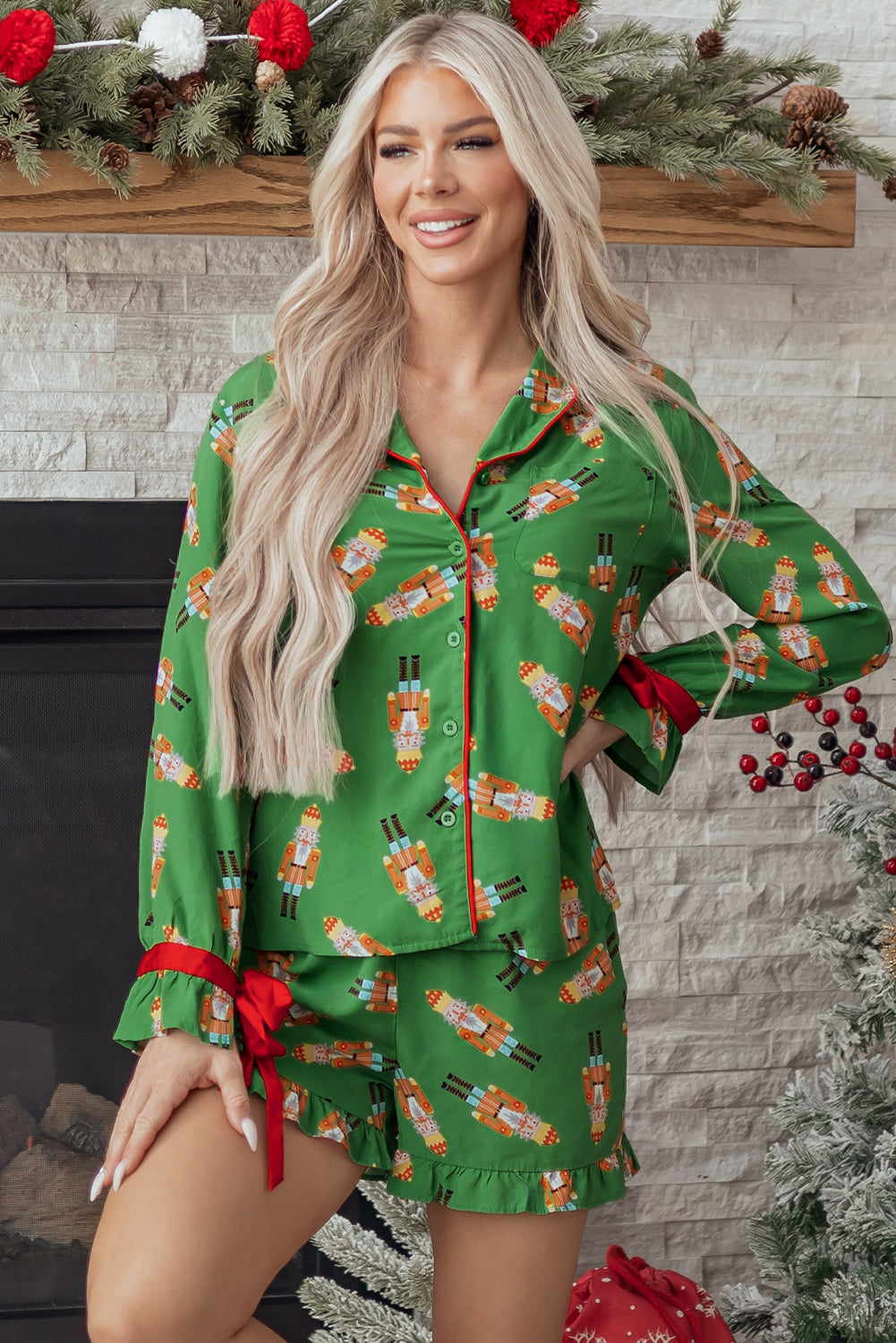 Green Christmas Candy Contrast Trim Bow Knot Silky 2pcs Pajama Set-Sleepwear-[Adult]-[Female]-2022 Online Blue Zone Planet