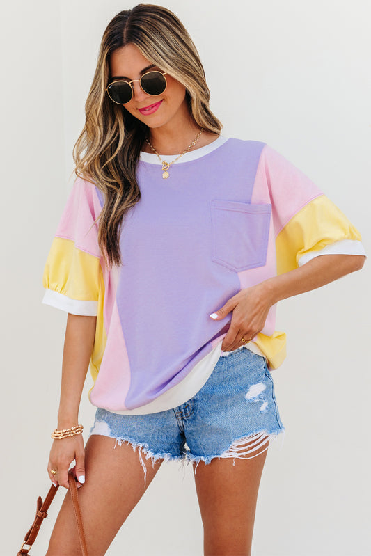 Purple Color Block Patchwork Half Sleeve Oversized T Shirt-Tops/Tops & Tees-[Adult]-[Female]-2022 Online Blue Zone Planet