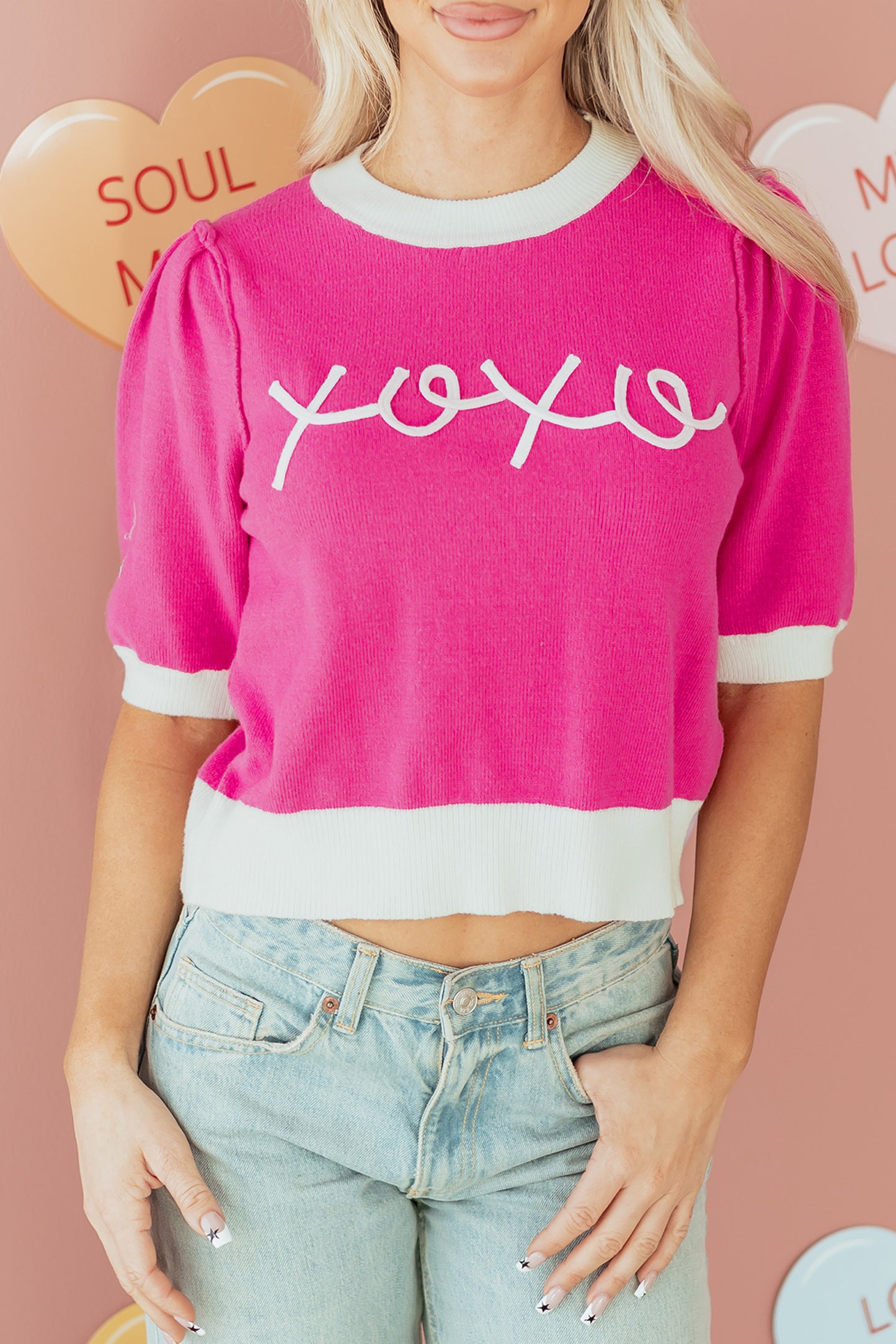 Bright Pink XOXO Embroidered Graphic Valentines Contrast Trim Crew Neck Short Puff Sleeve Sweater Tee-TOPS / DRESSES-[Adult]-[Female]-2022 Online Blue Zone Planet