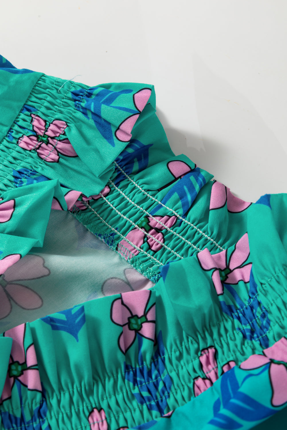 Green Floral Print Frilly Smocked Detail High Waist Mini Dress-TOPS / DRESSES-[Adult]-[Female]-2022 Online Blue Zone Planet