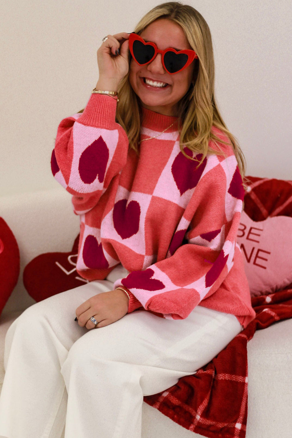 Blue Zone Planet | Pink Plus Size Heart Colorblock Mock Neck Lantern Sleeve Sweater-Plus Size Sweaters&Cardigans-[Adult]-[Female]-2022 Online Blue Zone Planet