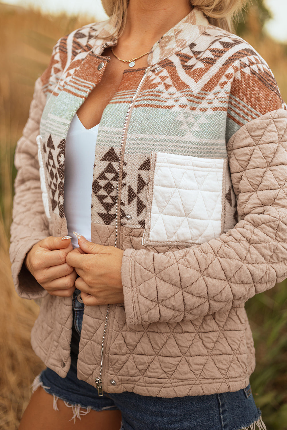 Light French Beige Aztec Quilted Patchwork Western Fashion Jacket-Outerwear/Jackets-[Adult]-[Female]-2022 Online Blue Zone Planet