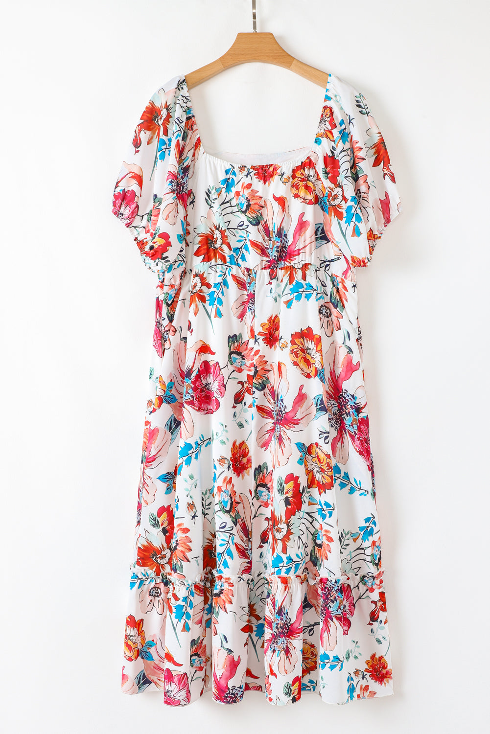 White Floral Square Neck Puff Sleeve Flowy Plus Size Midi Dress-Plus Size Dresses-[Adult]-[Female]-2022 Online Blue Zone Planet