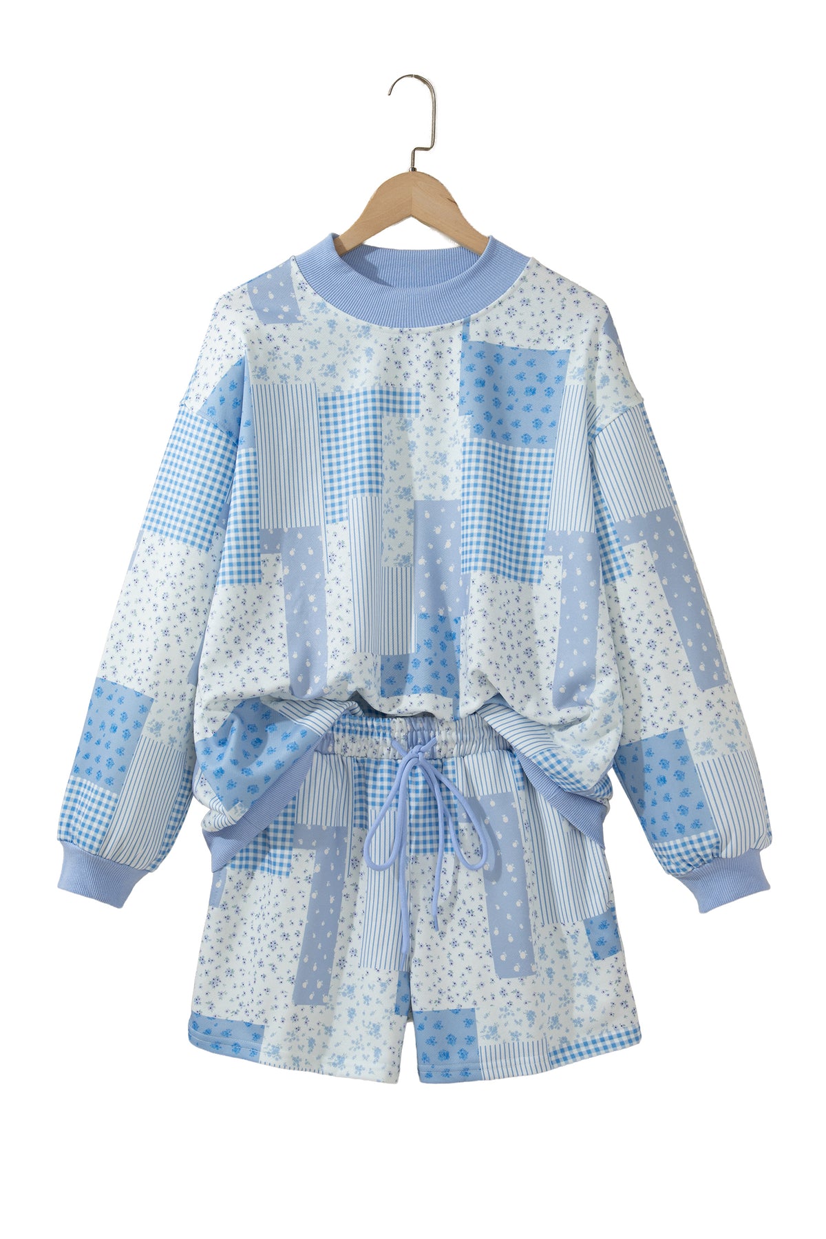 Sky Blue Patchwork Floral Print Drop Shoulder Baggy Pullover Drawstring Shorts Set-Two Piece Sets/Short Sets-[Adult]-[Female]-2022 Online Blue Zone Planet