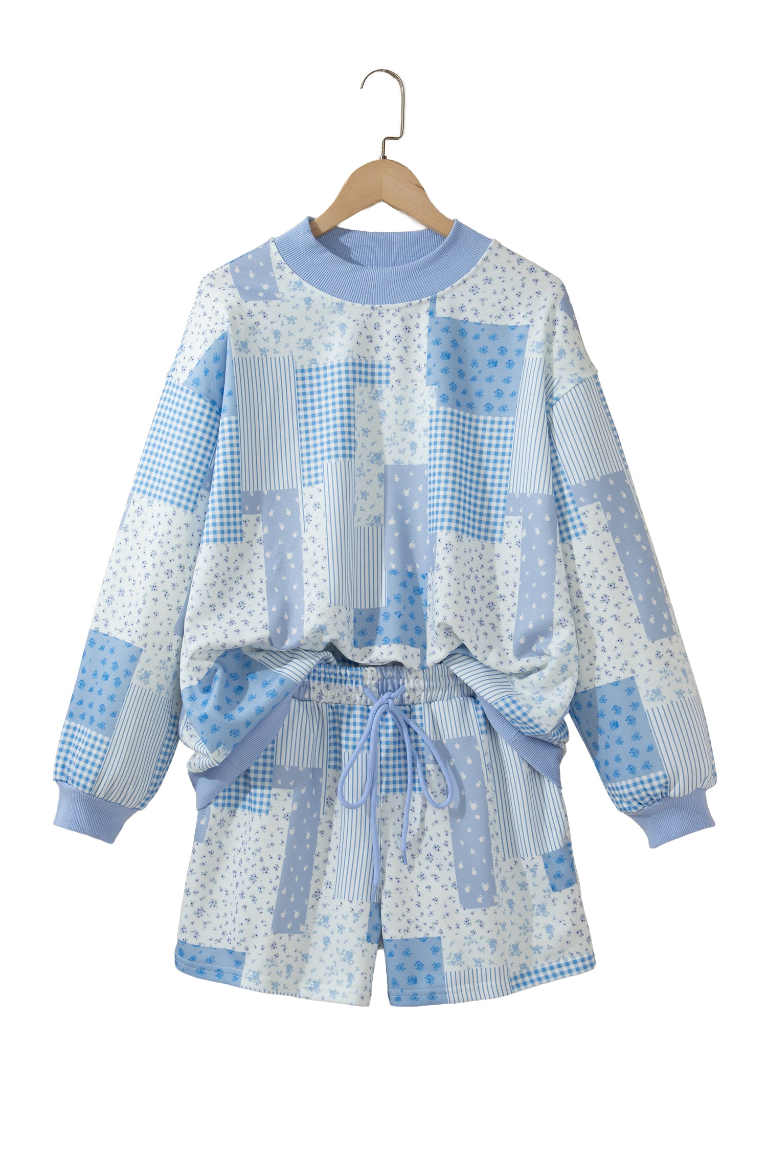 Sky Blue Patchwork Floral Print Drop Shoulder Baggy Pullover Drawstring Shorts Set-Two Piece Sets/Short Sets-[Adult]-[Female]-2022 Online Blue Zone Planet