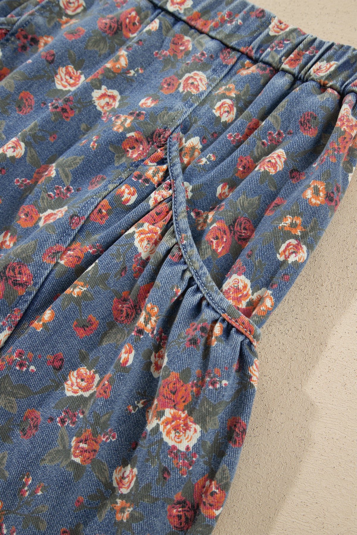 Beau Blue Retro Floral Print Elastic Waist Pocketed Barrel Jeans-Bottoms/Jeans-[Adult]-[Female]-2022 Online Blue Zone Planet
