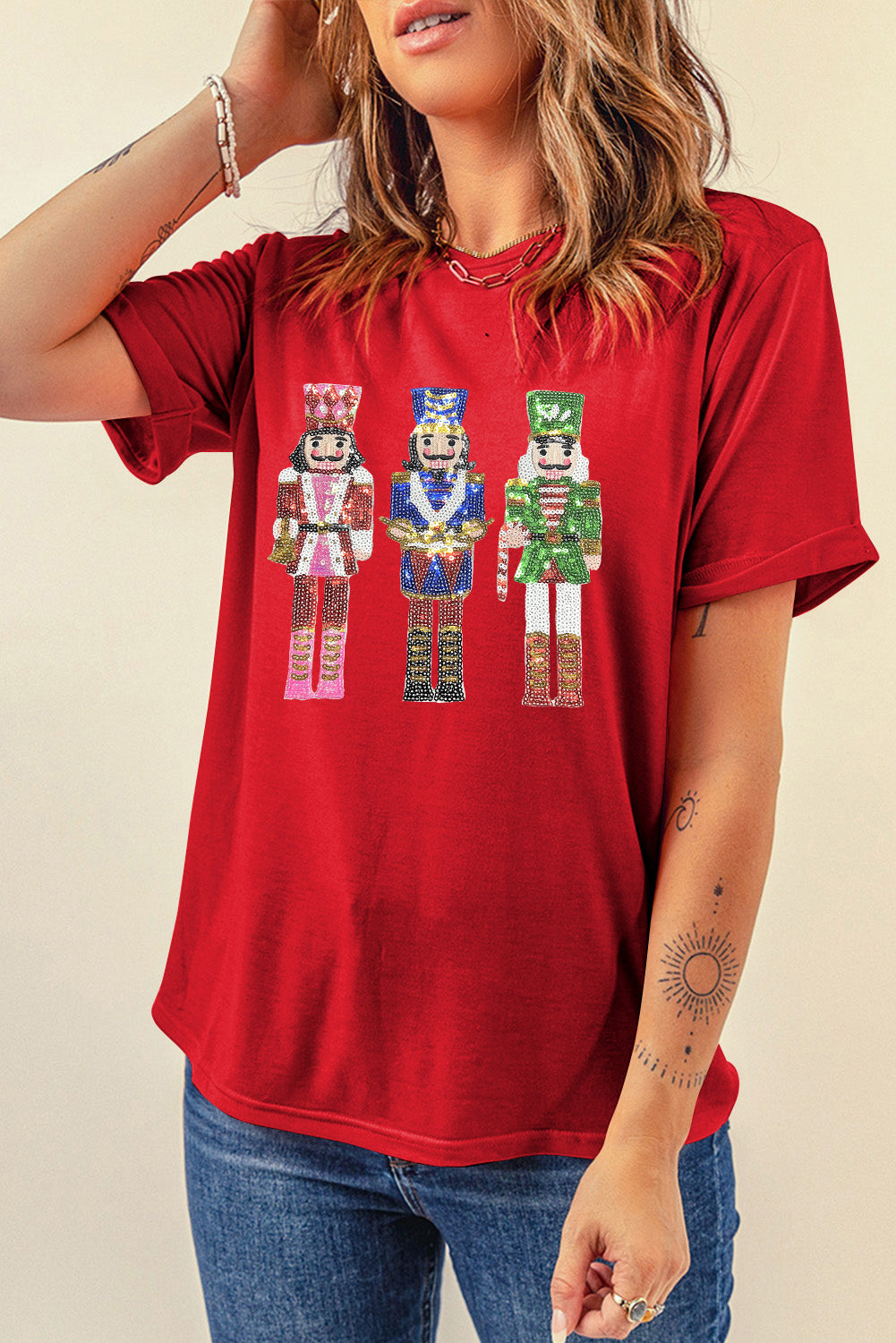 Red Sequined Christmas Nutcracker-Man Graphic Cuffed Short Sleeve T Shirt-Graphic/Graphic Tees-[Adult]-[Female]-2022 Online Blue Zone Planet