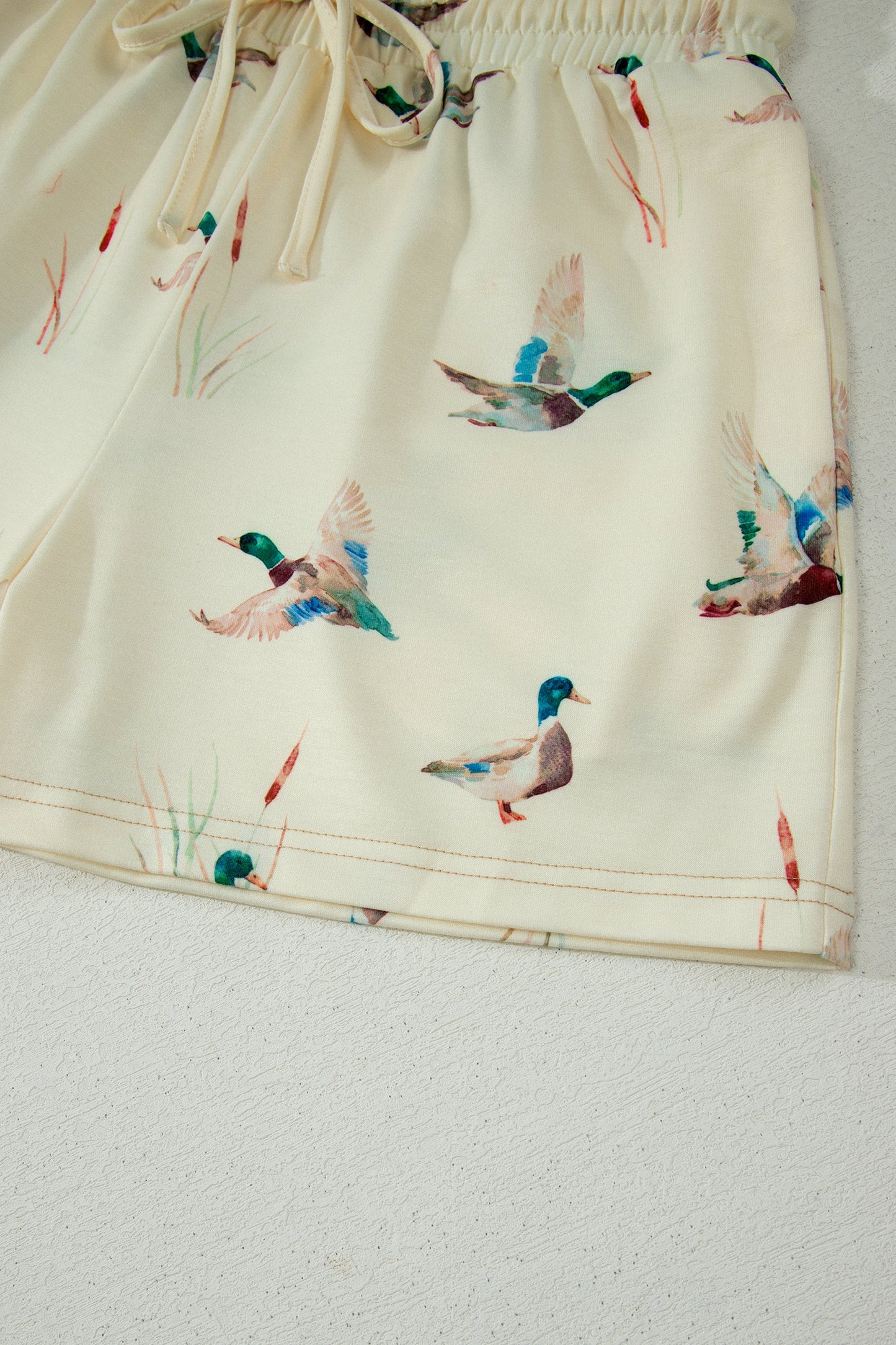 Beige Mallard Duck Print Oversized Tee Drawstring Short Set-Two Piece Sets/Short Sets-[Adult]-[Female]-2022 Online Blue Zone Planet