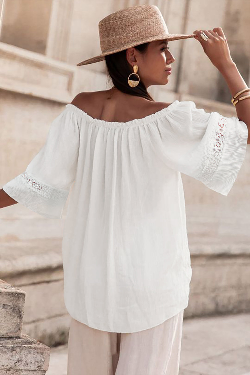 White Frilly Off Shoulder Lace Insert Sleeve Textured Blouse-Tops/Blouses & Shirts-[Adult]-[Female]-2022 Online Blue Zone Planet