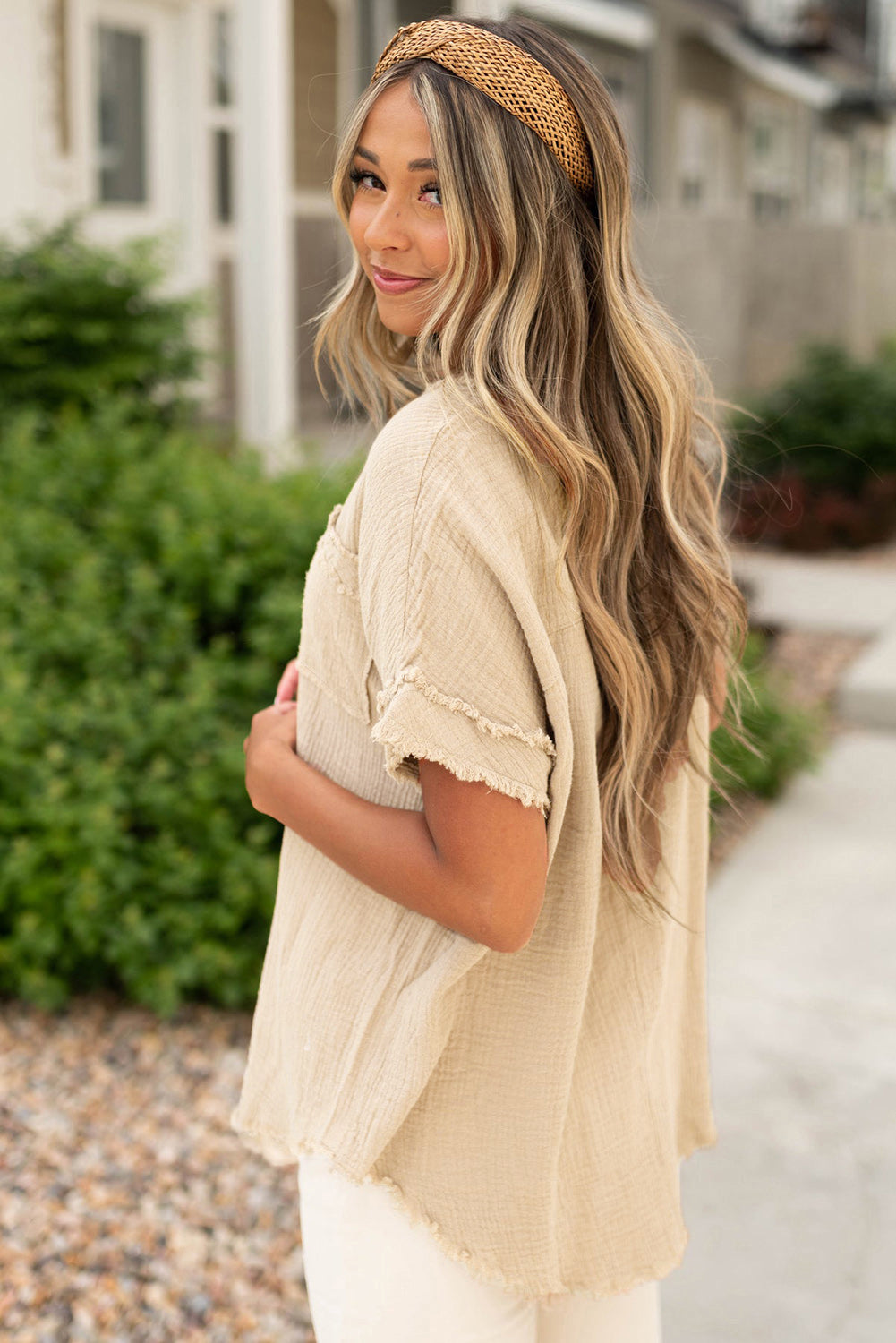 Parchment Crinkle Textured Frayed Trim Half Button Short Sleeve Top-Tops/Tops & Tees-[Adult]-[Female]-2022 Online Blue Zone Planet
