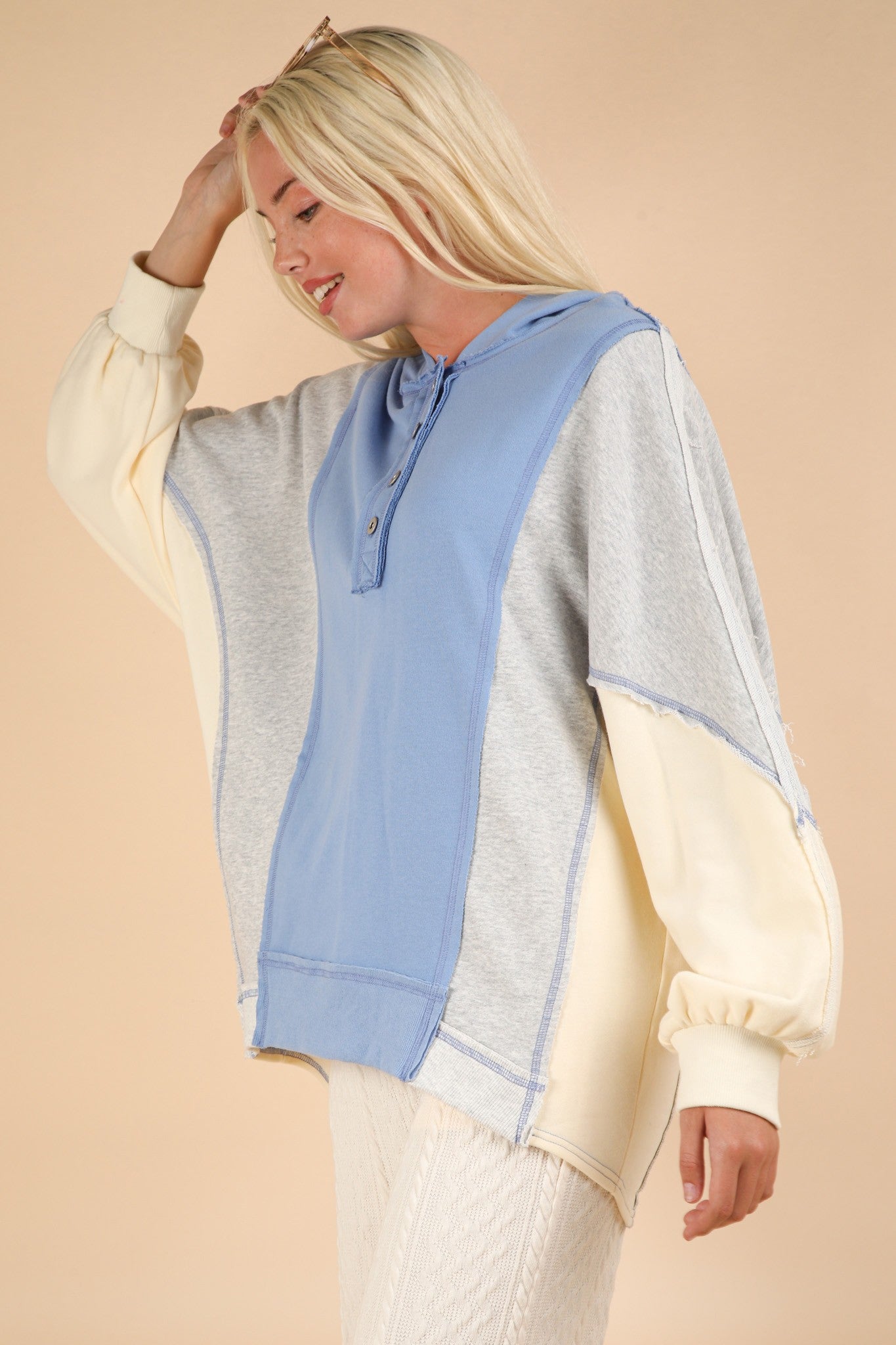 Blue Zone Planet | VERY J Exposed Seam Color Block Half Button Hoodie-TOPS / DRESSES-[Adult]-[Female]-2022 Online Blue Zone Planet