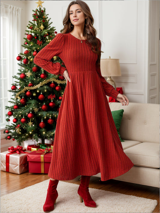 Blue Zone Planet | Ribbed Round Neck Long Sleeve Dress-TOPS / DRESSES-[Adult]-[Female]-Deep Red-S-2022 Online Blue Zone Planet