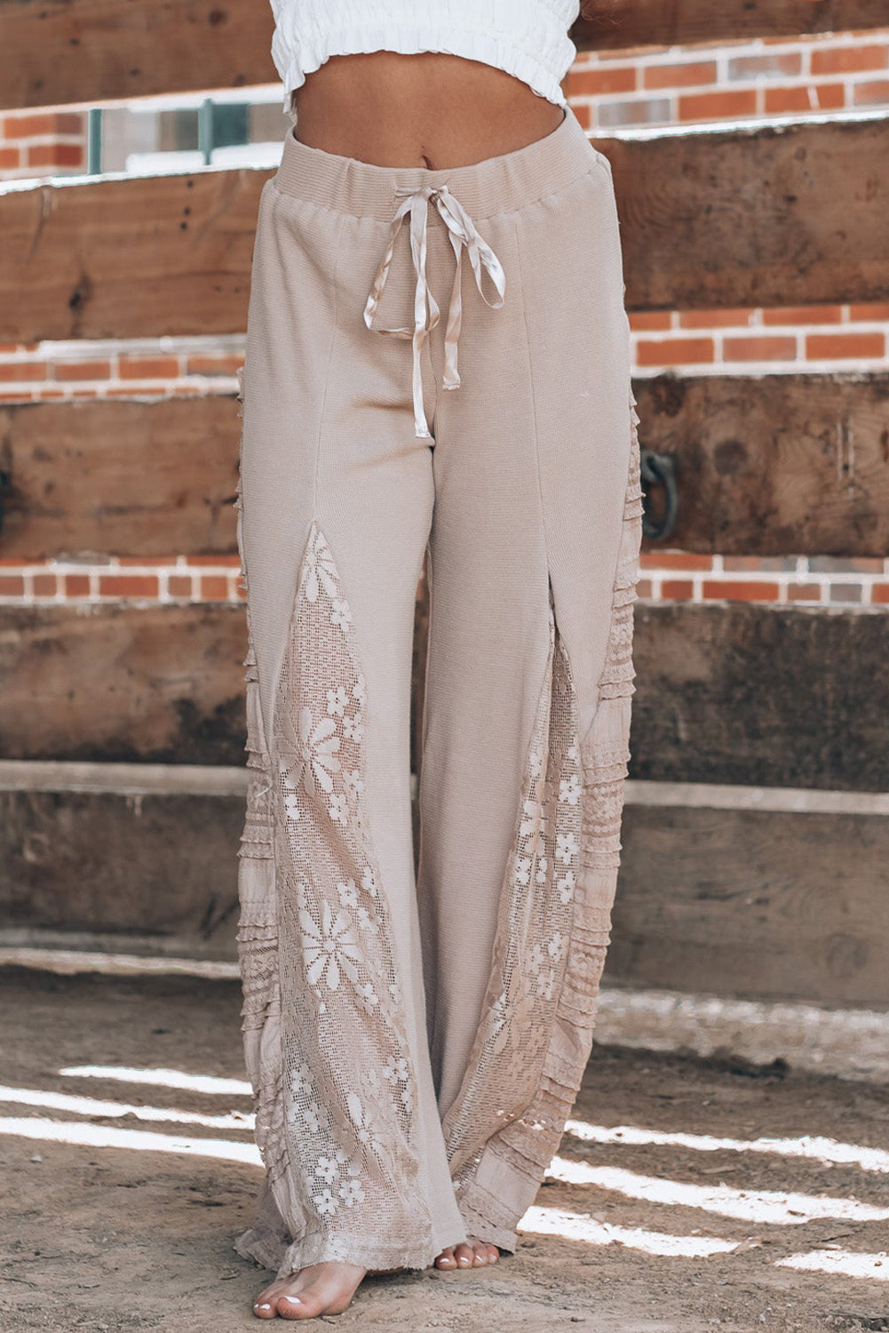 Smoke Gray Lace Patchwork Wide Leg High Waist Pants-Pants-[Adult]-[Female]-2022 Online Blue Zone Planet