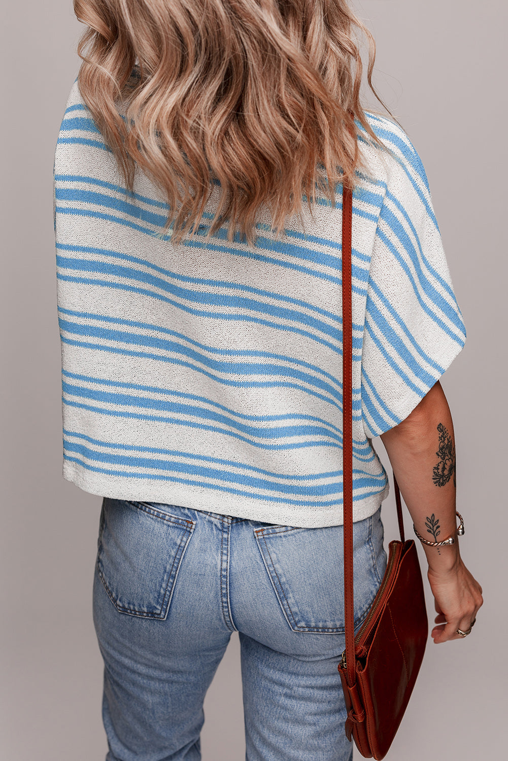 Sky Blue Stripe Boxy Fit Wide Sleeve Knit T Shirt-Knit Tops-[Adult]-[Female]-2022 Online Blue Zone Planet