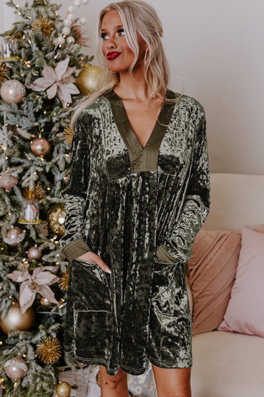 Jungle Green Velvet Long Sleeve V Neck Loose Dress with Pockets-Dresses/Mini Dresses-[Adult]-[Female]-2022 Online Blue Zone Planet