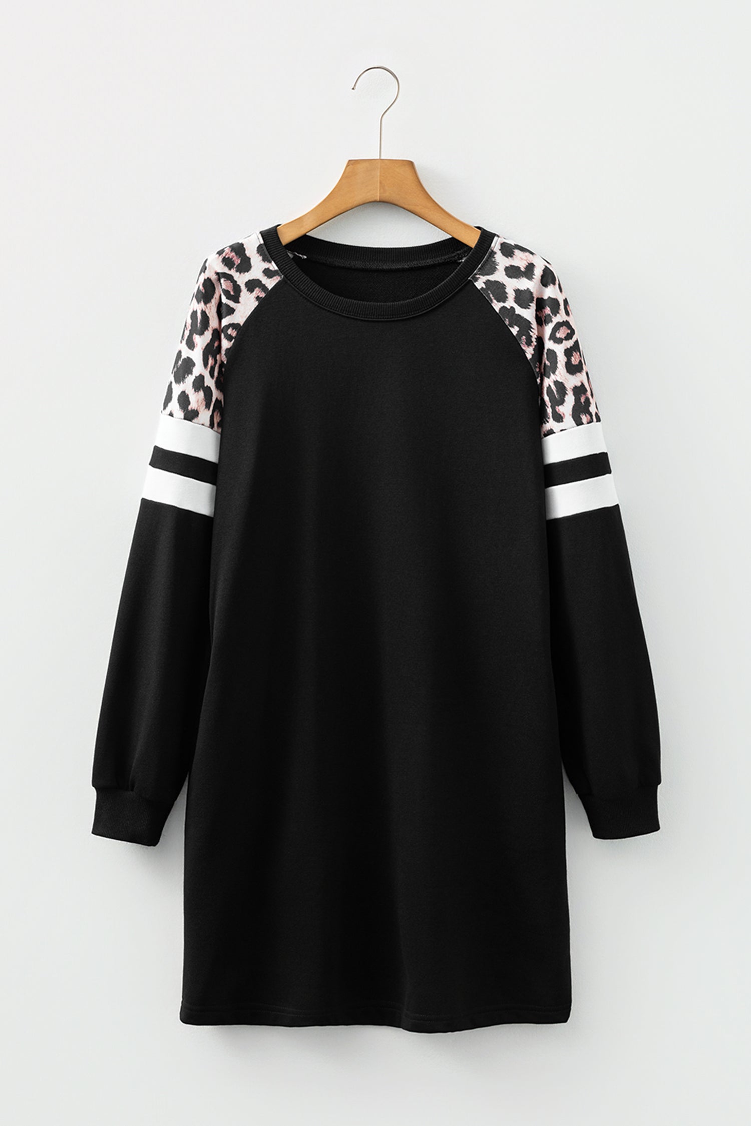 Black Leopard Print Patchwork Varsity Raglan Sleeve Sweatshirt Dress-TOPS / DRESSES-[Adult]-[Female]-2022 Online Blue Zone Planet