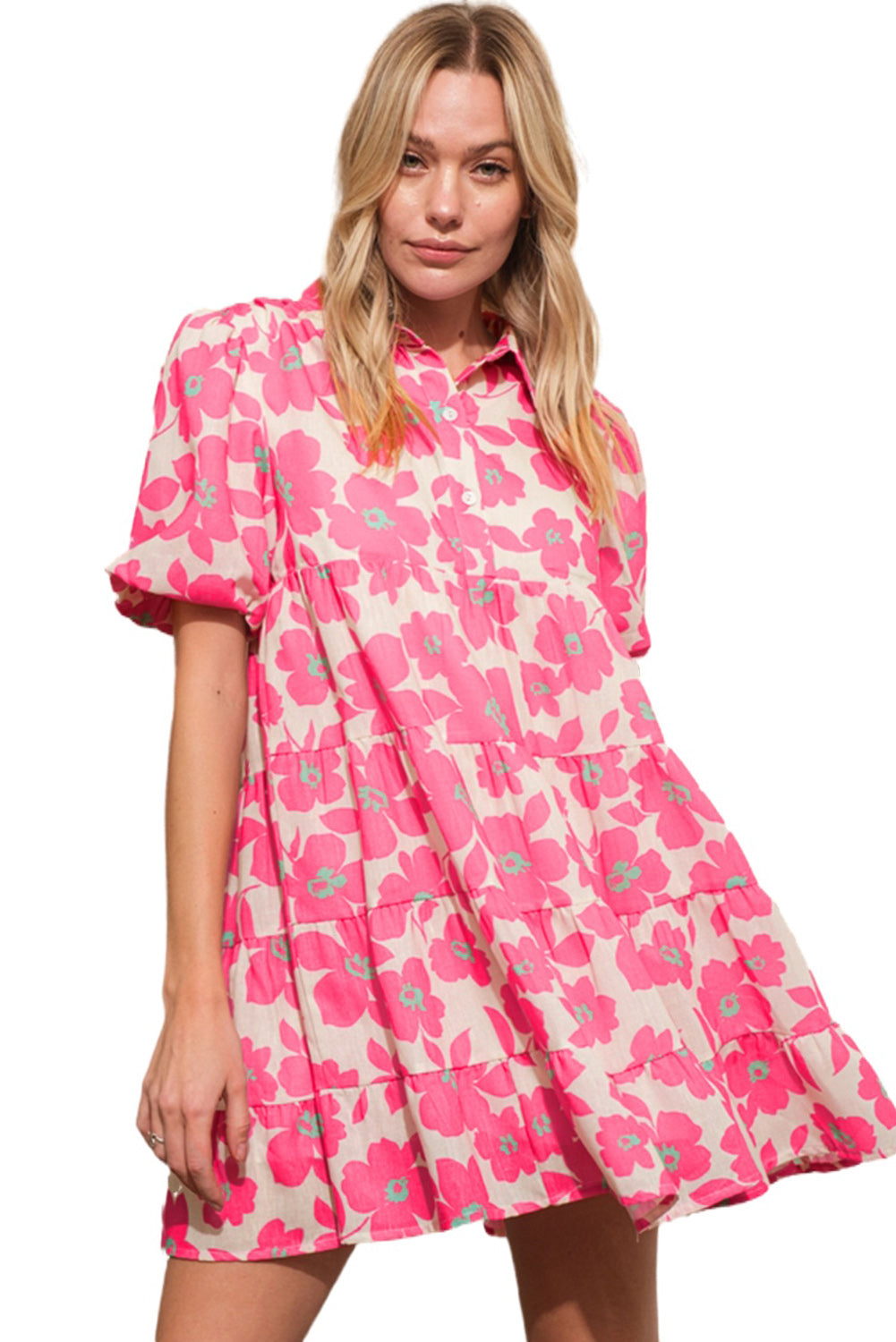 Blue Zone Planet | Pink Floral Tiered Puff Sleeve Mini Shirt Dress-TOPS / DRESSES-[Adult]-[Female]-2022 Online Blue Zone Planet