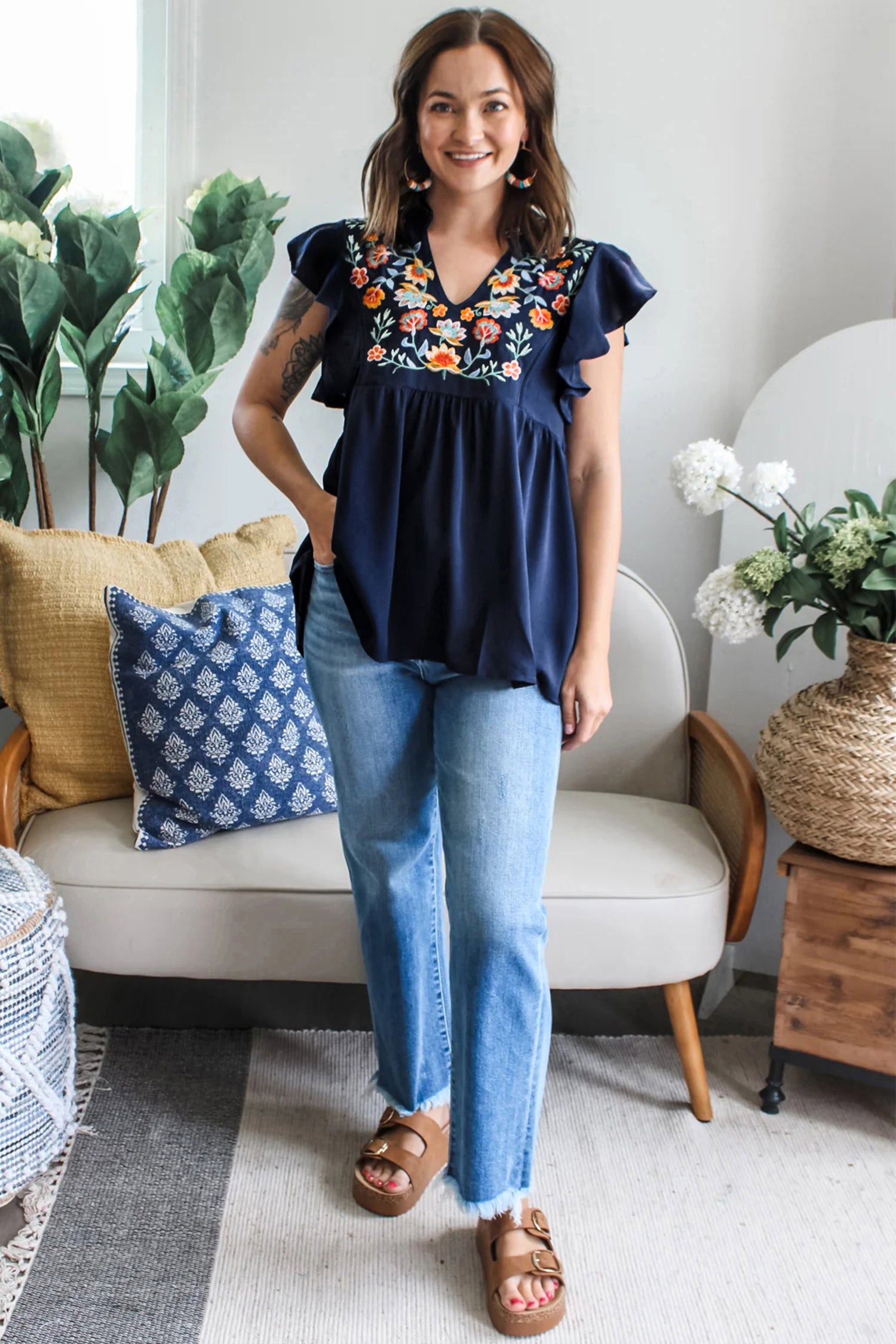 Dirty Blue V Neck Ruffled Sleeve Floral Embroidered Detail Babydoll Blouse-Tops/Blouses & Shirts-[Adult]-[Female]-2022 Online Blue Zone Planet