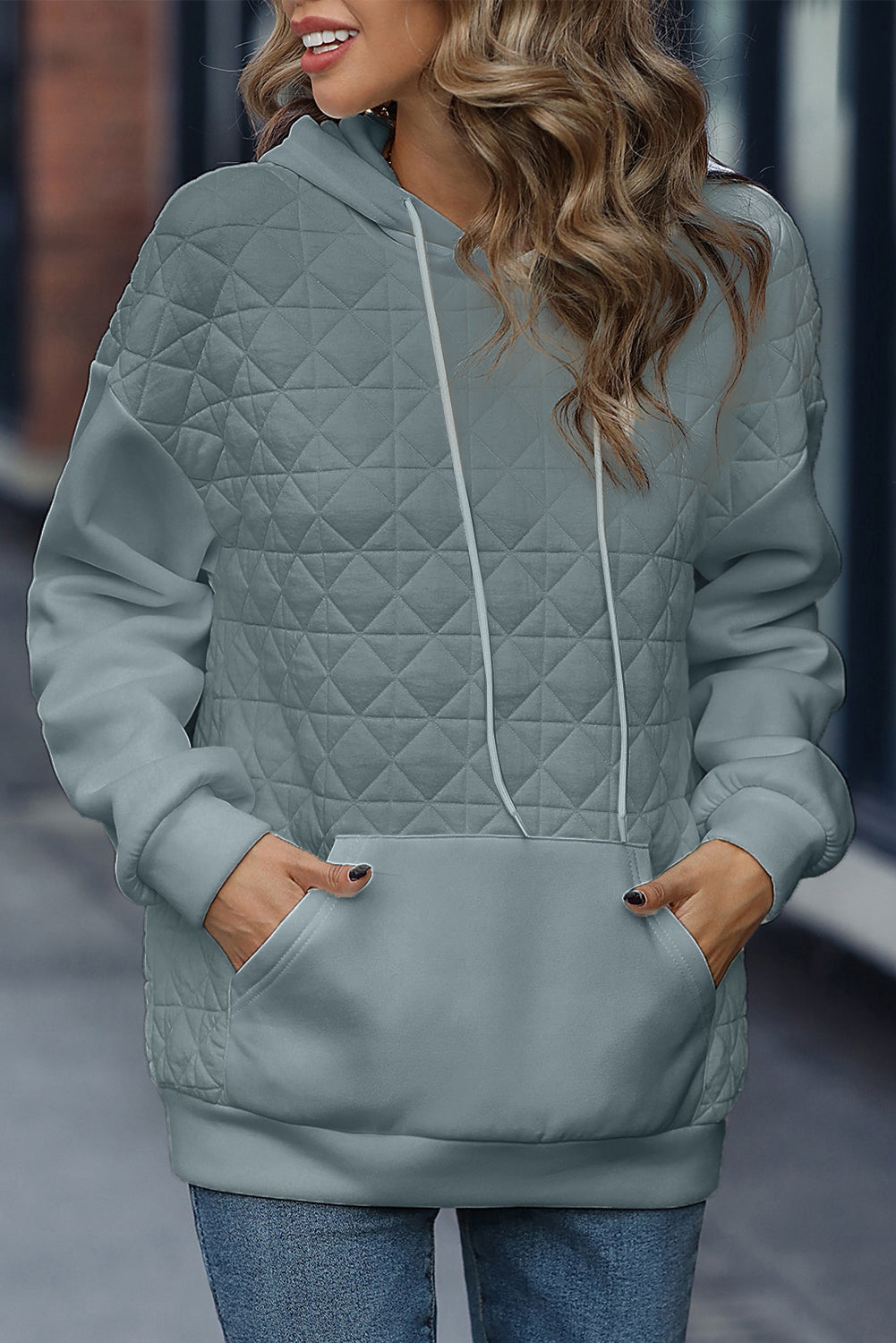 Light Grey Drop Shoulder Quilted Patchwork Kangaroo Pocket Hoodie-Tops/Sweatshirts & Hoodies-[Adult]-[Female]-Light Grey-S-2022 Online Blue Zone Planet