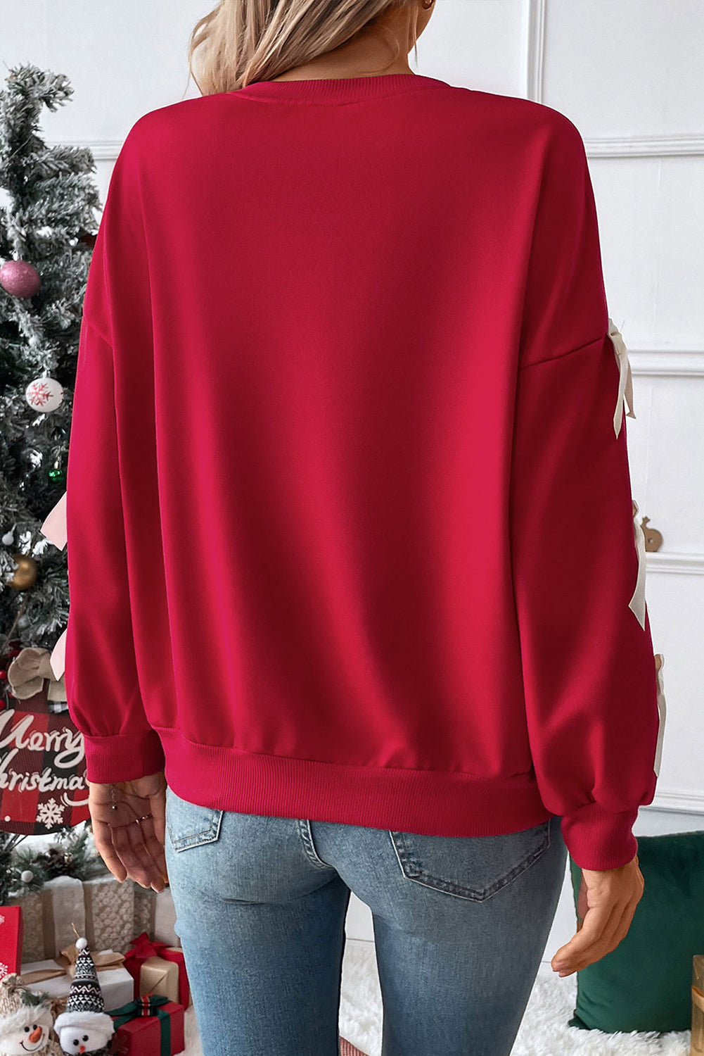 Blue Zone Planet | Fiery Red Sweet Bowknot Round Neck Sweatshirt-Sweatshirts & Hoodies-[Adult]-[Female]-2022 Online Blue Zone Planet