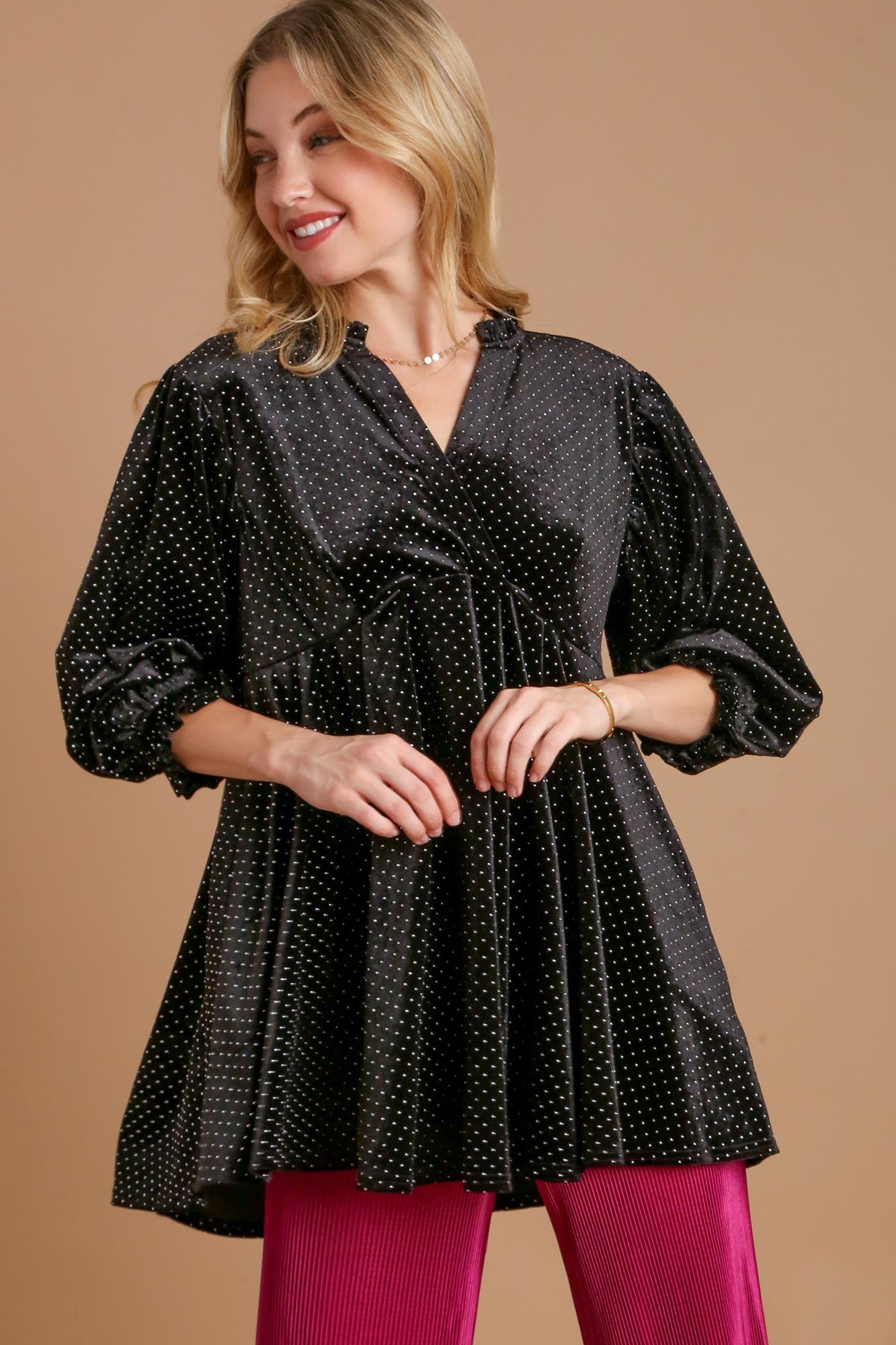Blue Zone Planet | Umgee Full Size Beaded Frill Flounce Sleeve Velvet Babydoll Blouse-TOPS / DRESSES-[Adult]-[Female]-Black-S-2022 Online Blue Zone Planet