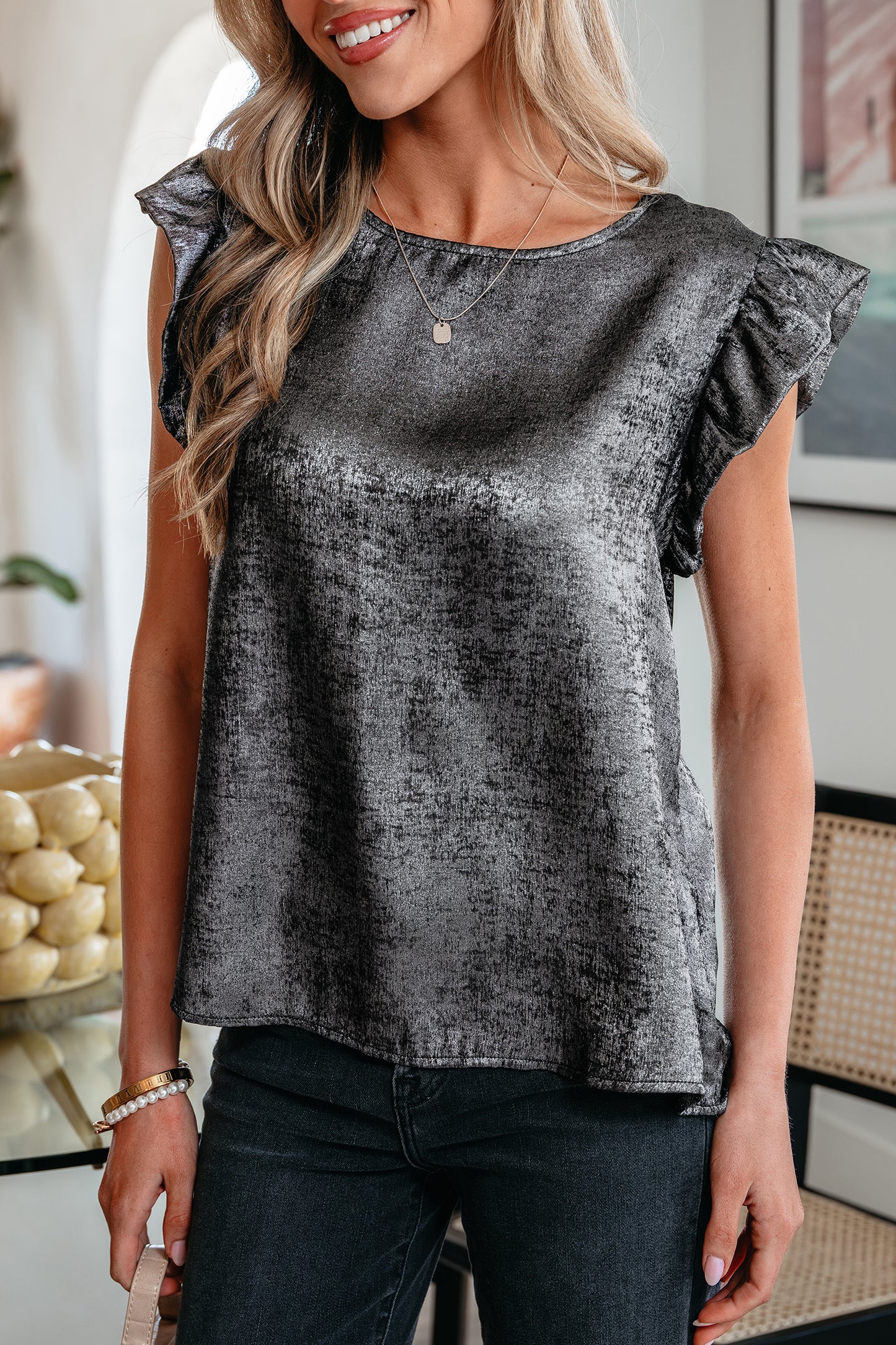 Silvery Metallic Round Neck Ruffle Trim Sleeveless Top-Tops/Tank Tops-[Adult]-[Female]-2022 Online Blue Zone Planet