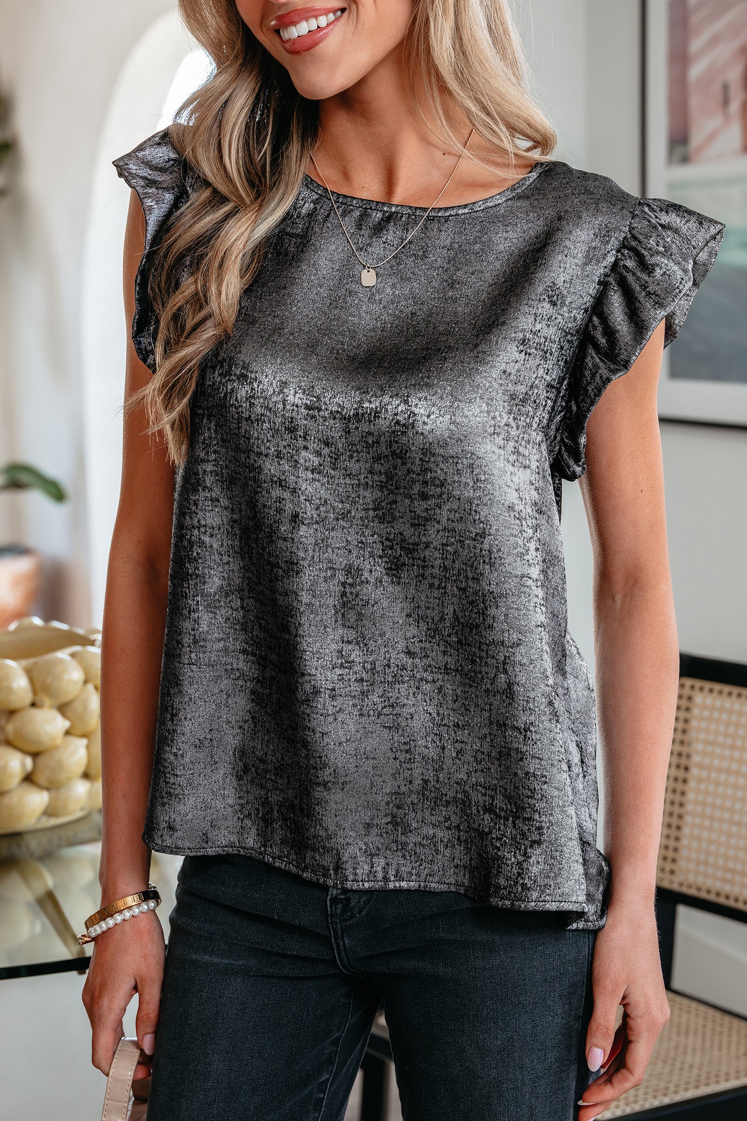 Silvery Metallic Round Neck Ruffle Trim Sleeveless Top-Tops/Tank Tops-[Adult]-[Female]-2022 Online Blue Zone Planet