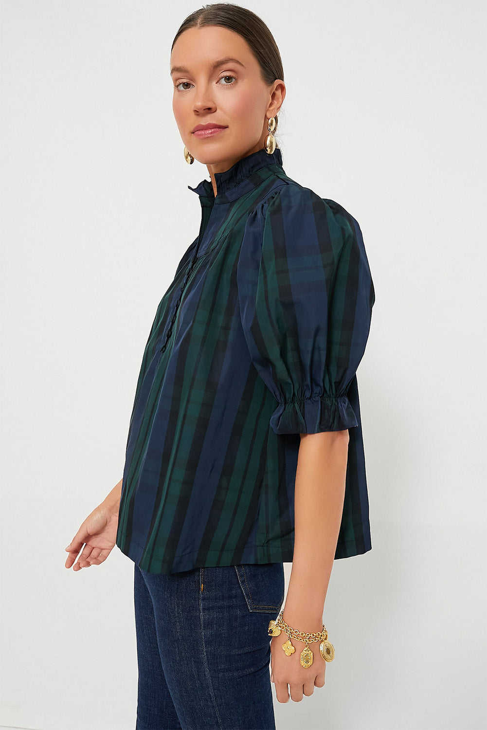 Green Stripe Plaid Puff Sleeve Frilled Trim Elegant Blouse-Tops/Blouses & Shirts-[Adult]-[Female]-2022 Online Blue Zone Planet