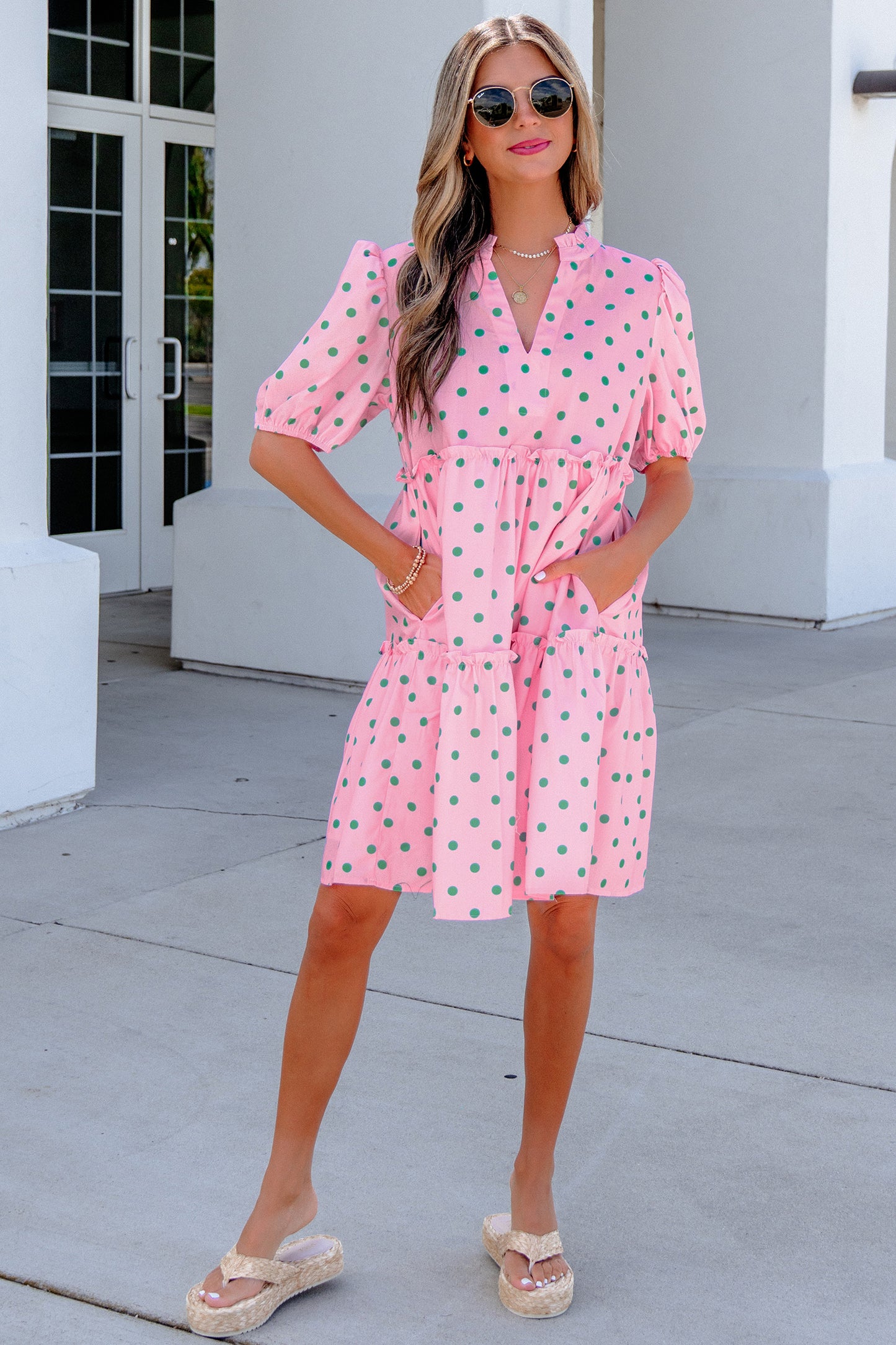 Pink Polka Dot Print V Neck Short Sleeve Tiered Mini Dress-TOPS / DRESSES-[Adult]-[Female]-2022 Online Blue Zone Planet
