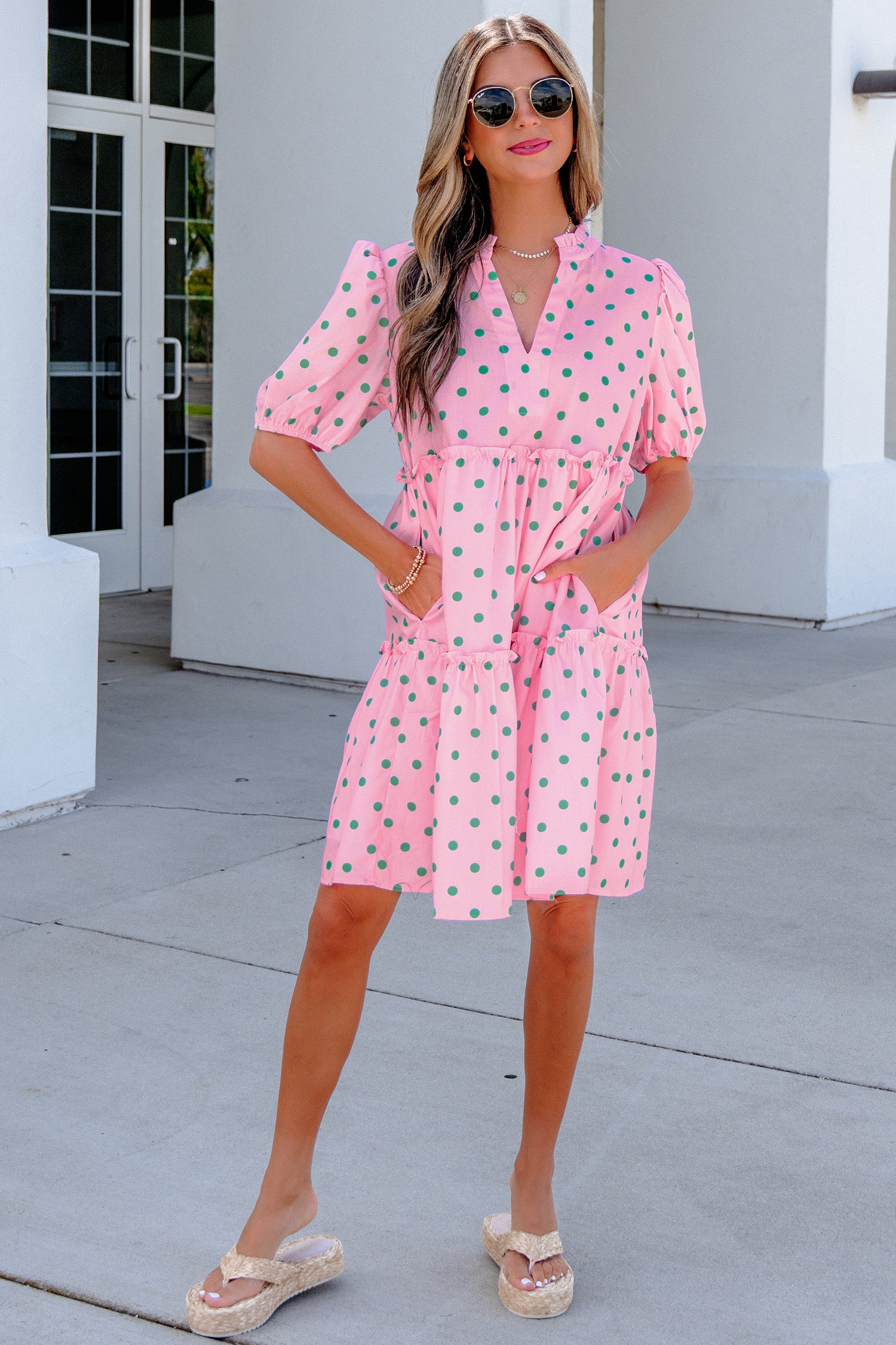Pink Polka Dot Print V Neck Short Sleeve Tiered Mini Dress-TOPS / DRESSES-[Adult]-[Female]-2022 Online Blue Zone Planet