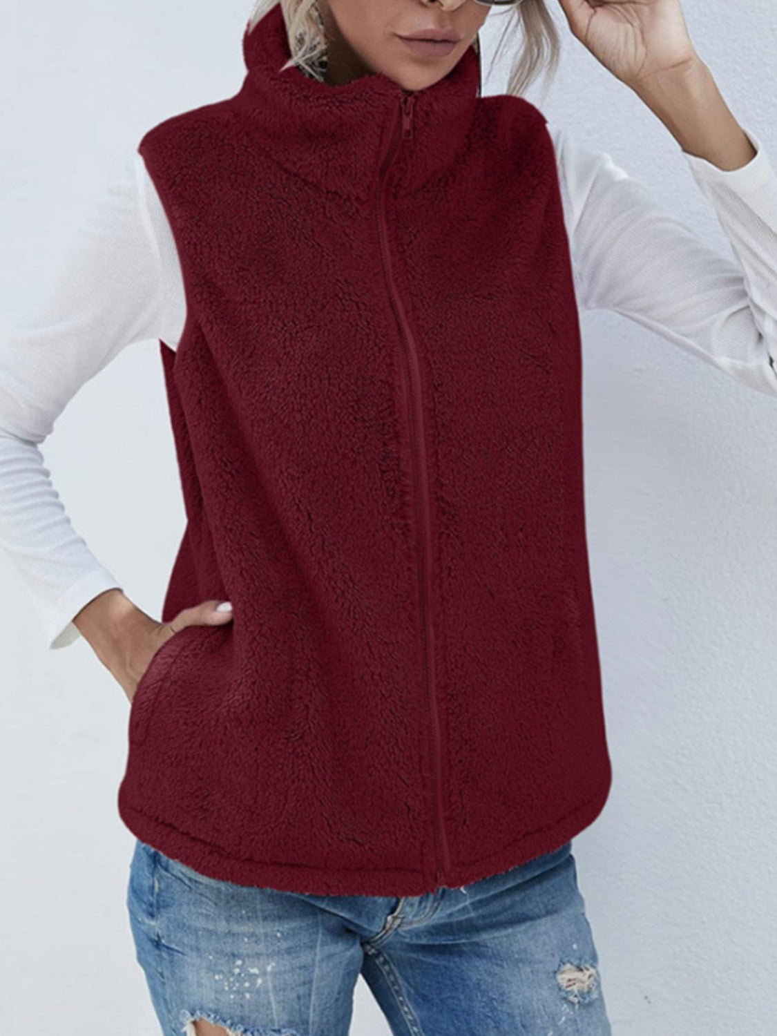 Full Size Fuzzy Zip Up Vest Coat with Pockets-TOPS / DRESSES-[Adult]-[Female]-Burgundy-S-2022 Online Blue Zone Planet