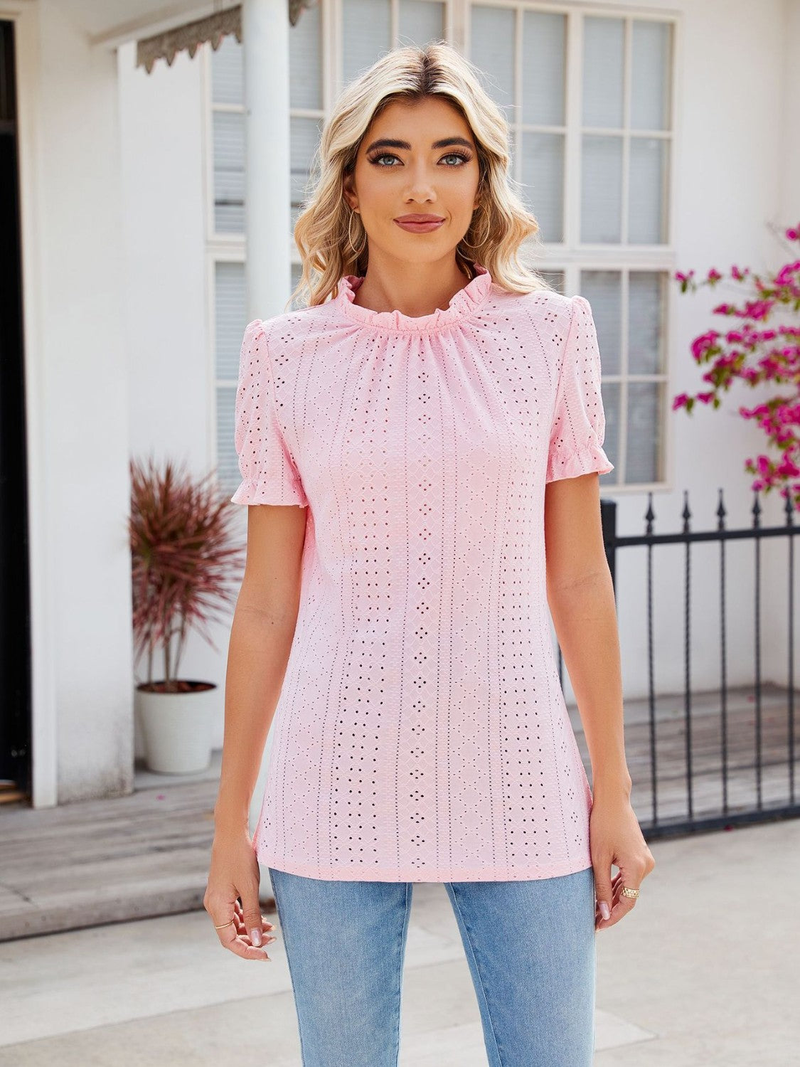 Eyelet Frill Mock Neck Flounce Sleeve Blouse-TOPS / DRESSES-[Adult]-[Female]-Blush Pink-S-2022 Online Blue Zone Planet