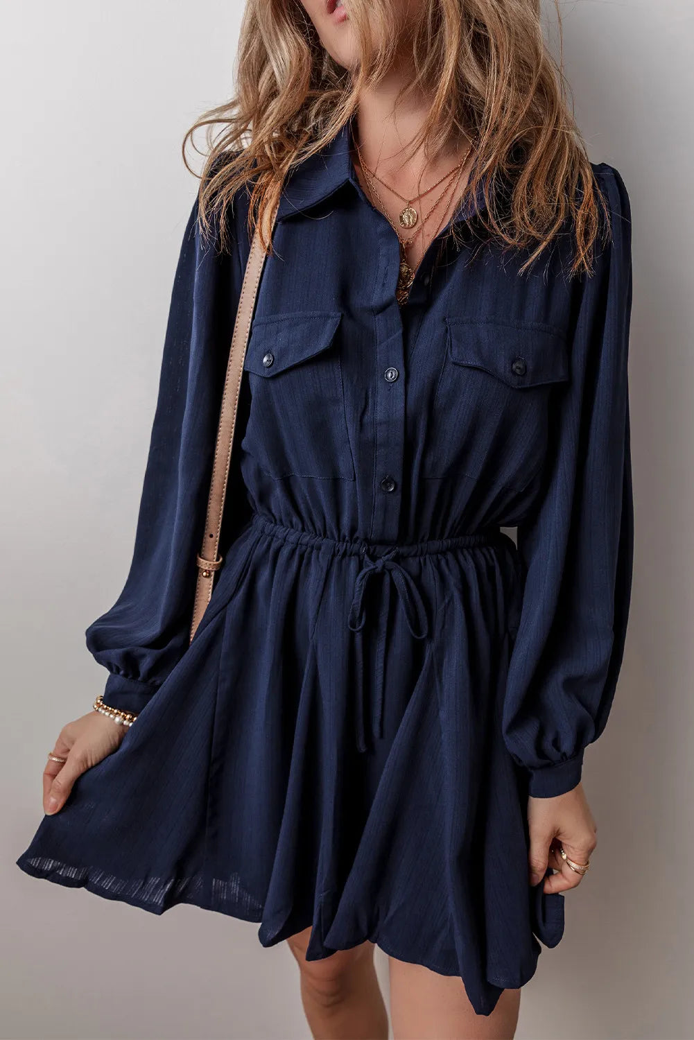 Blue Zone Planet | Drawstring Half Button Long Sleeve Dress-TOPS / DRESSES-[Adult]-[Female]-Dark Navy-S-2022 Online Blue Zone Planet