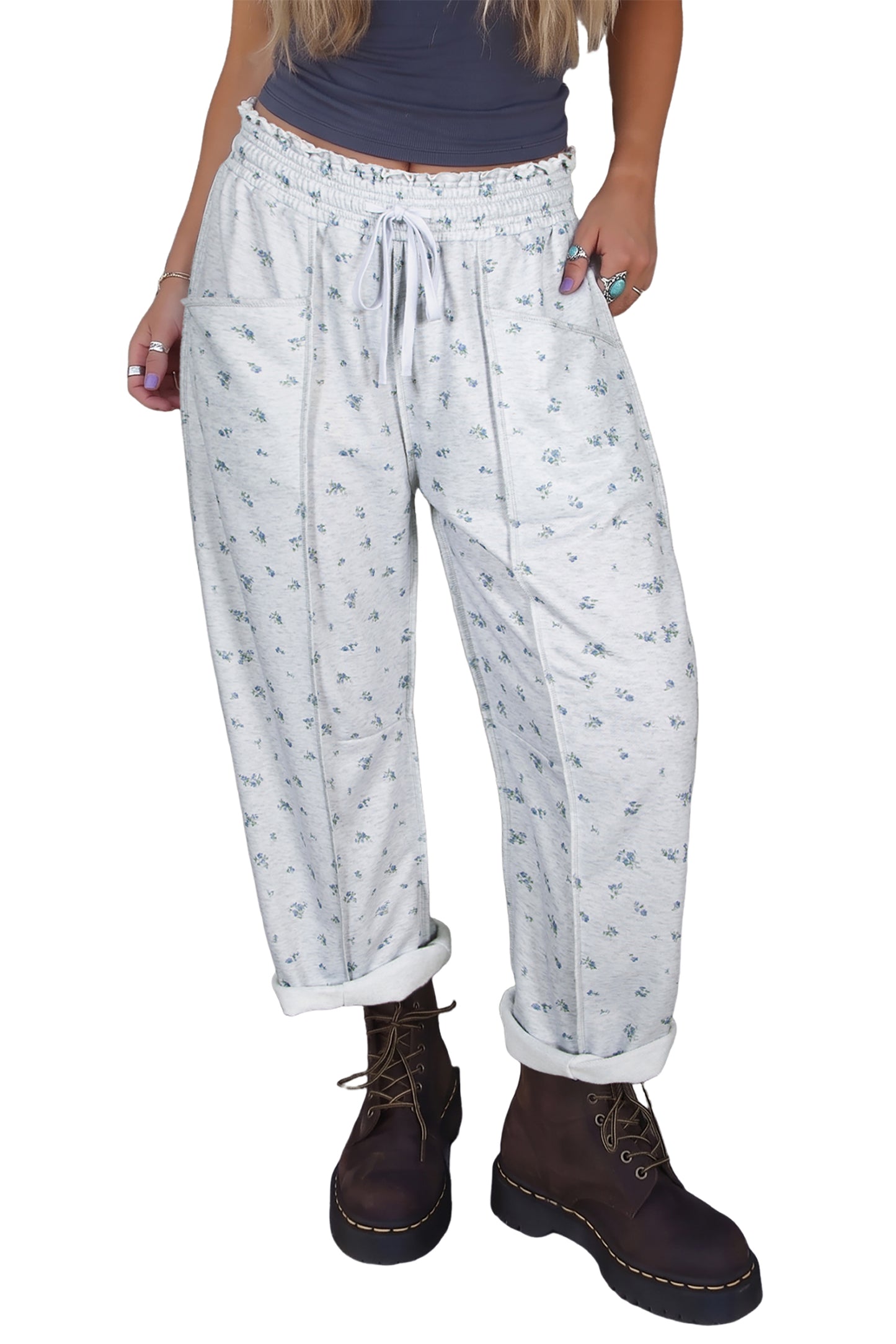 Gray Floral Print Elastic Waist Regular Fit Pants-Bottoms/Pants & Culotte-[Adult]-[Female]-2022 Online Blue Zone Planet