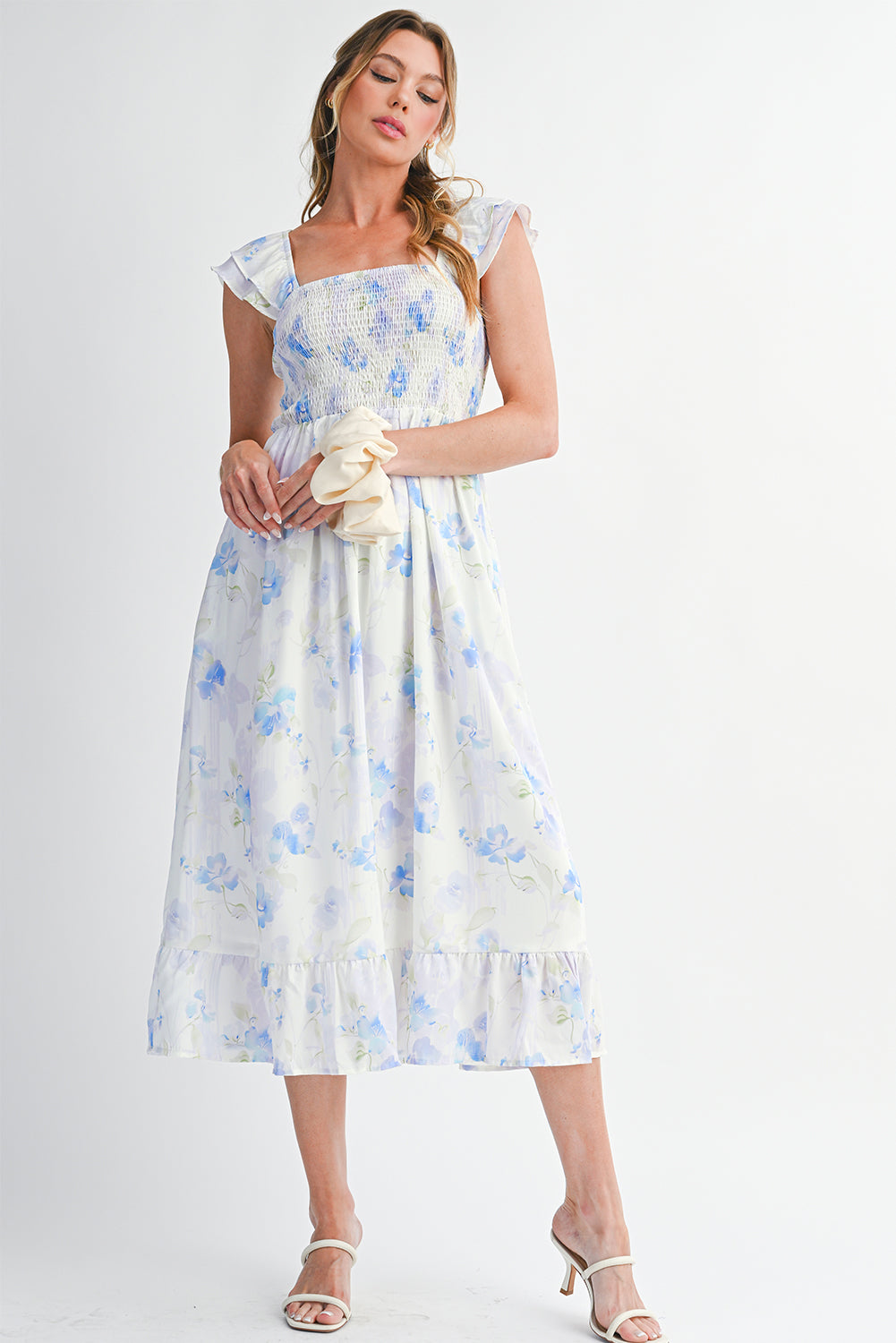 Sky Blue Floral Smocked High Waist Ruffle Sleeveless Long Dress-TOPS / DRESSES-[Adult]-[Female]-Sky Blue-L-2022 Online Blue Zone Planet